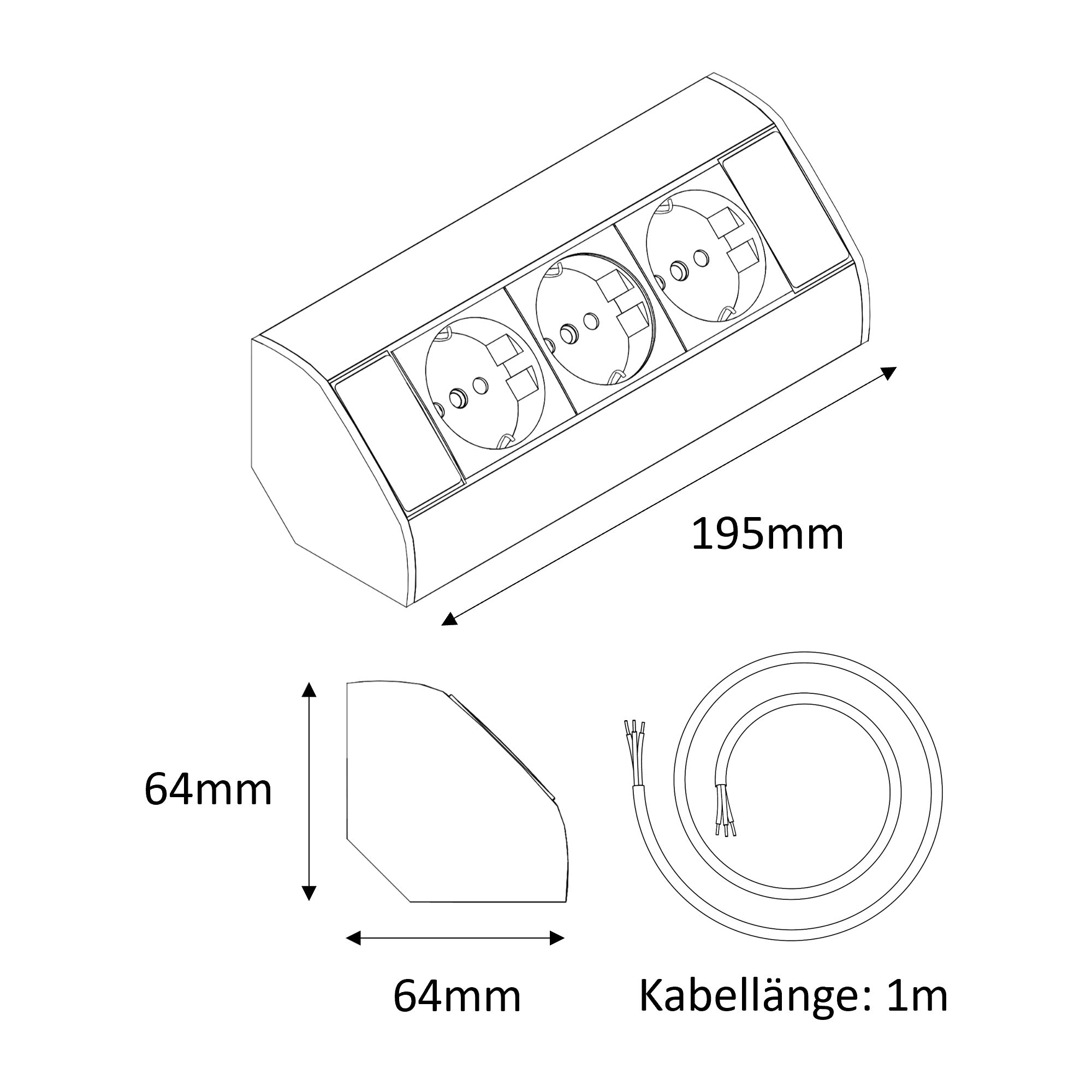3-socket power strip in black for corners