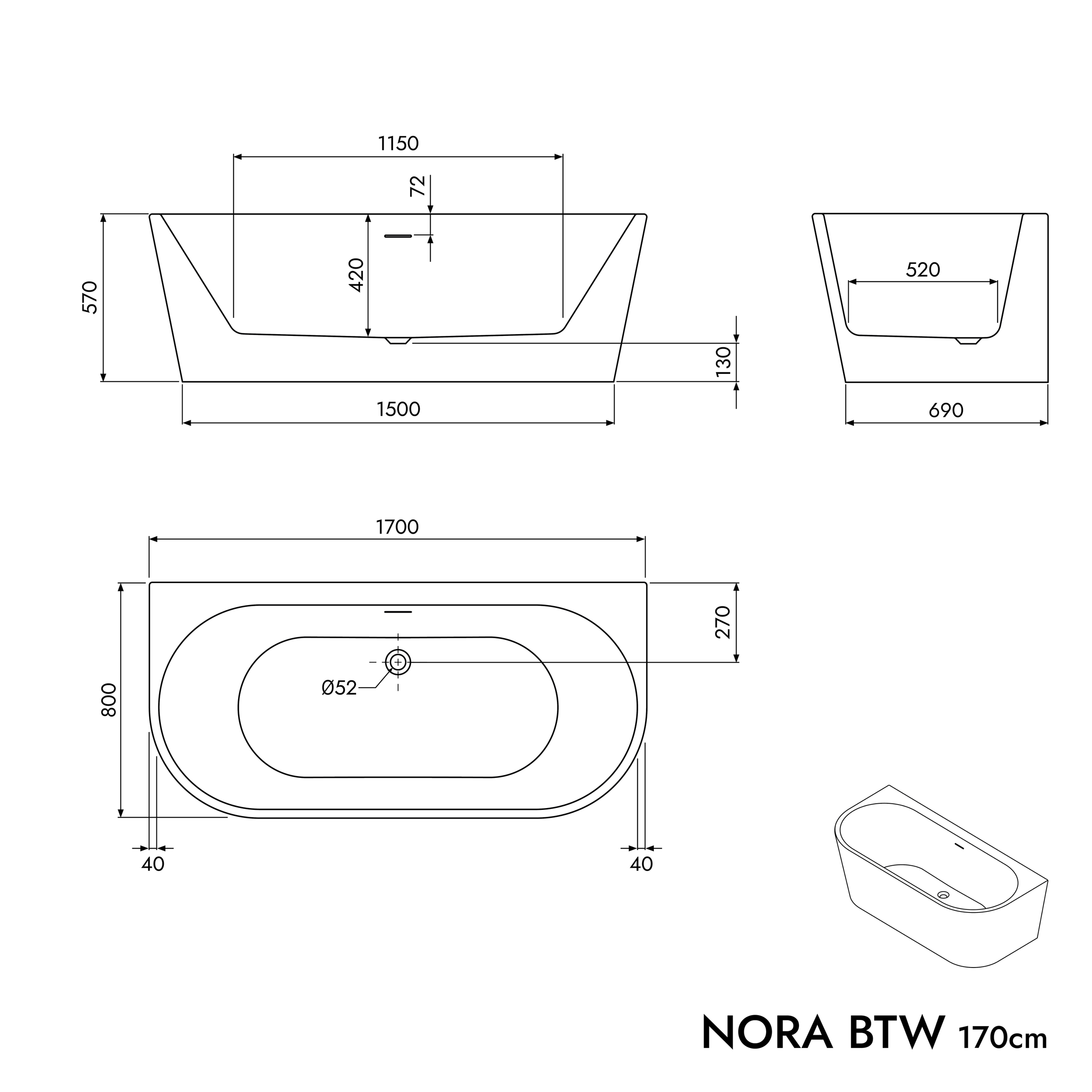 Free-standing space-saving bathtub NORA