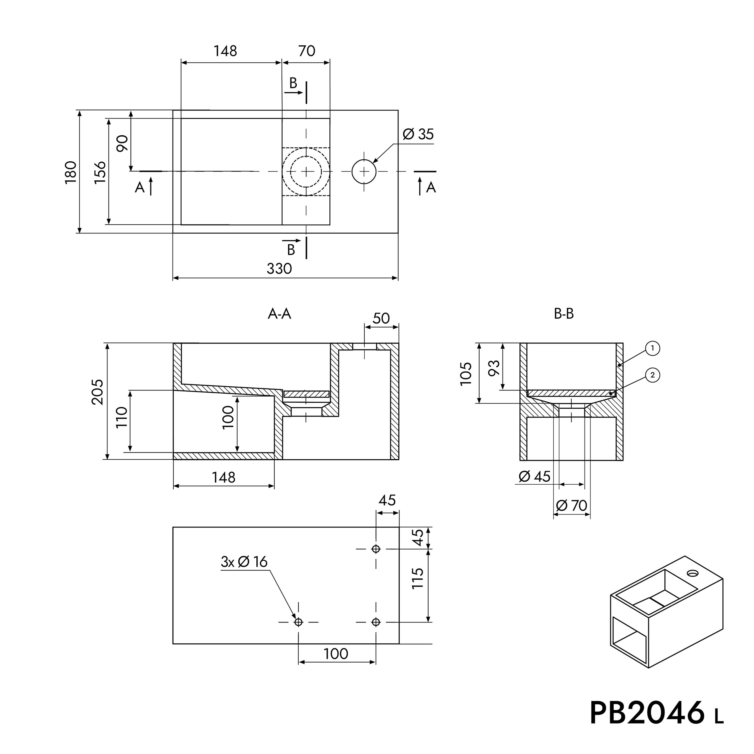 Wall-mounted washbasin PB2046 in mineral cast