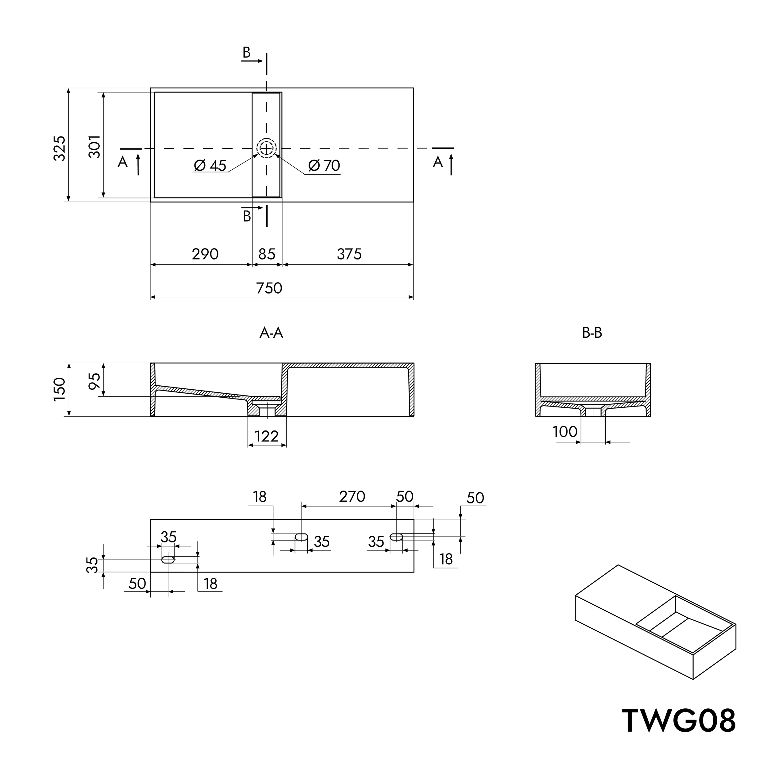 TWG08 wall-mounted washbasin in mineral cast