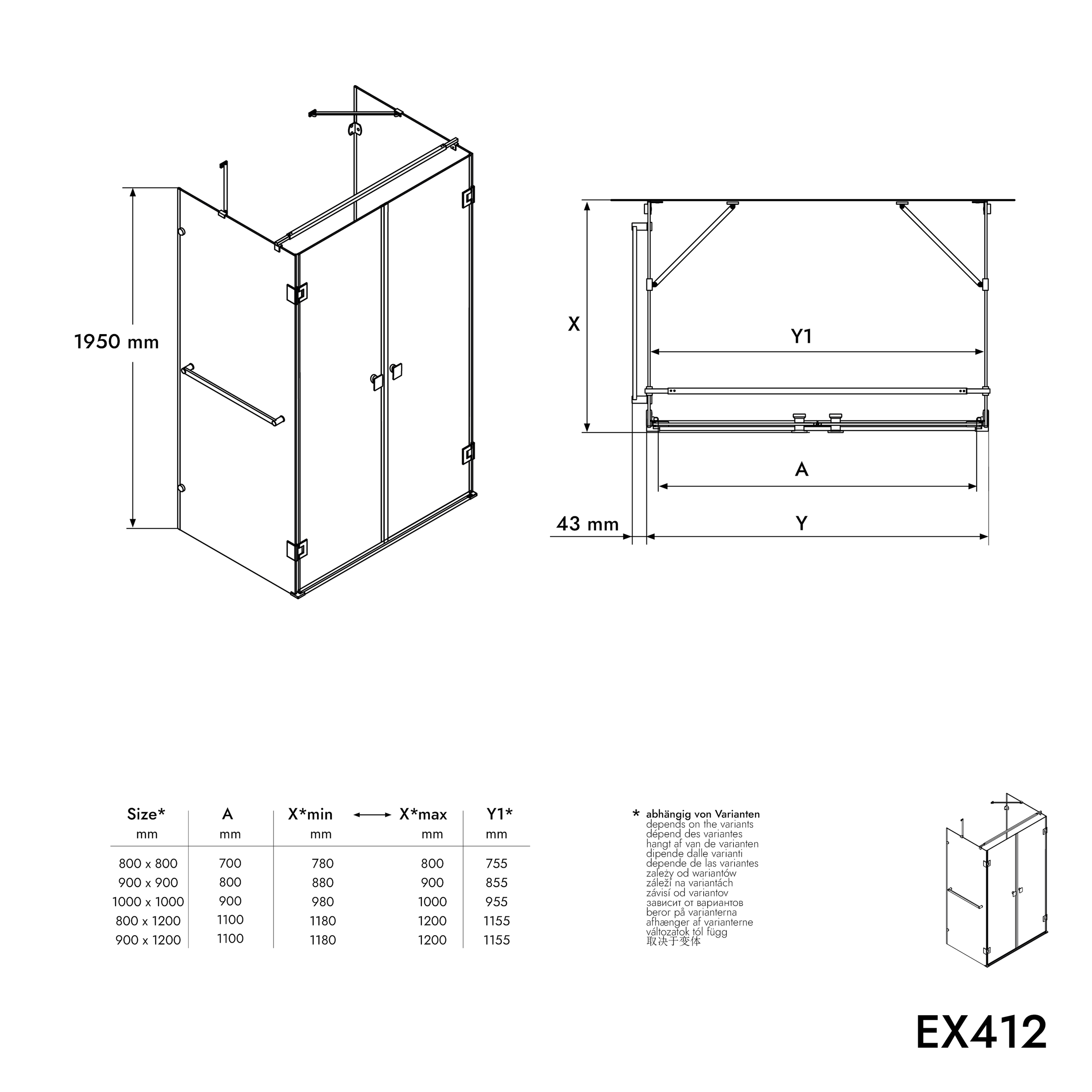 Shower enclosure U-shape EX412 with hinged doors