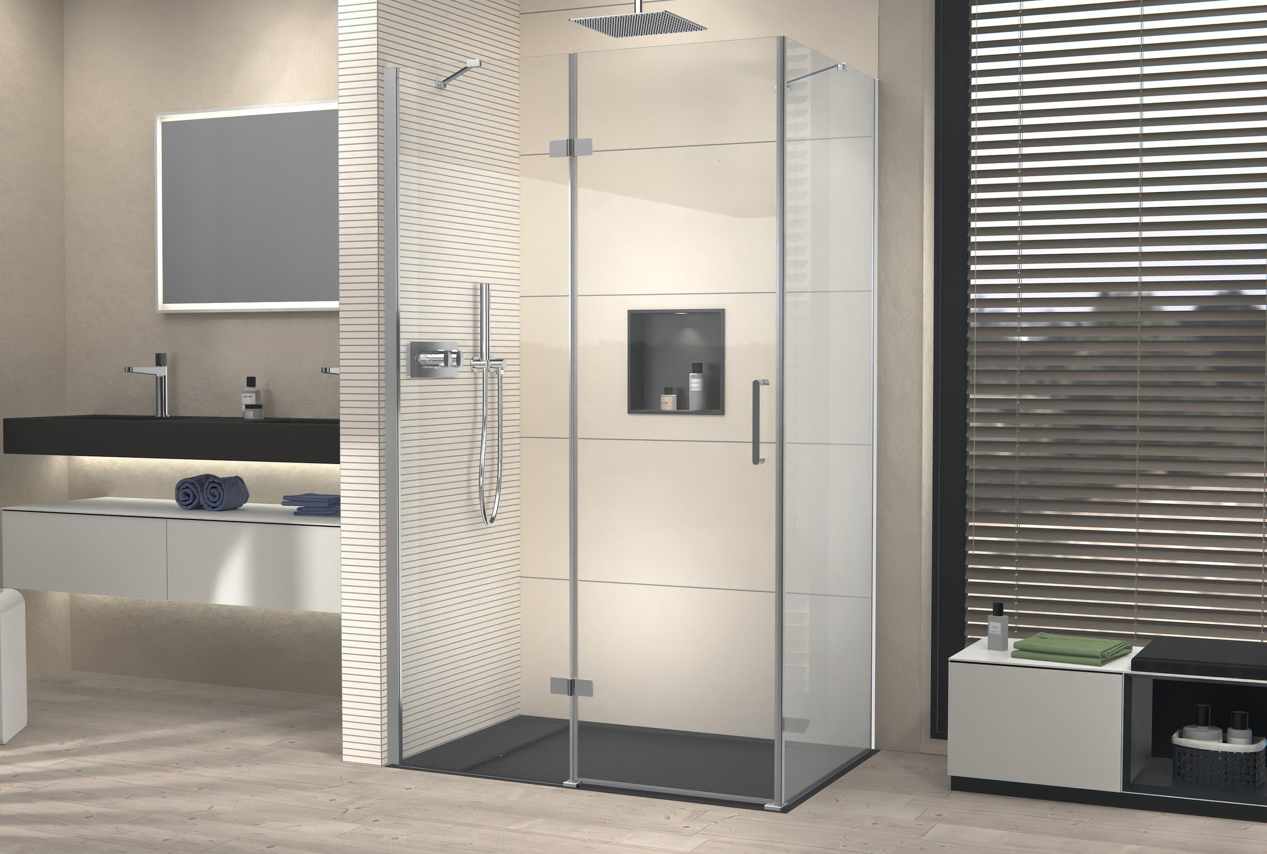 Corner shower with pivot door on fixed panel NT403