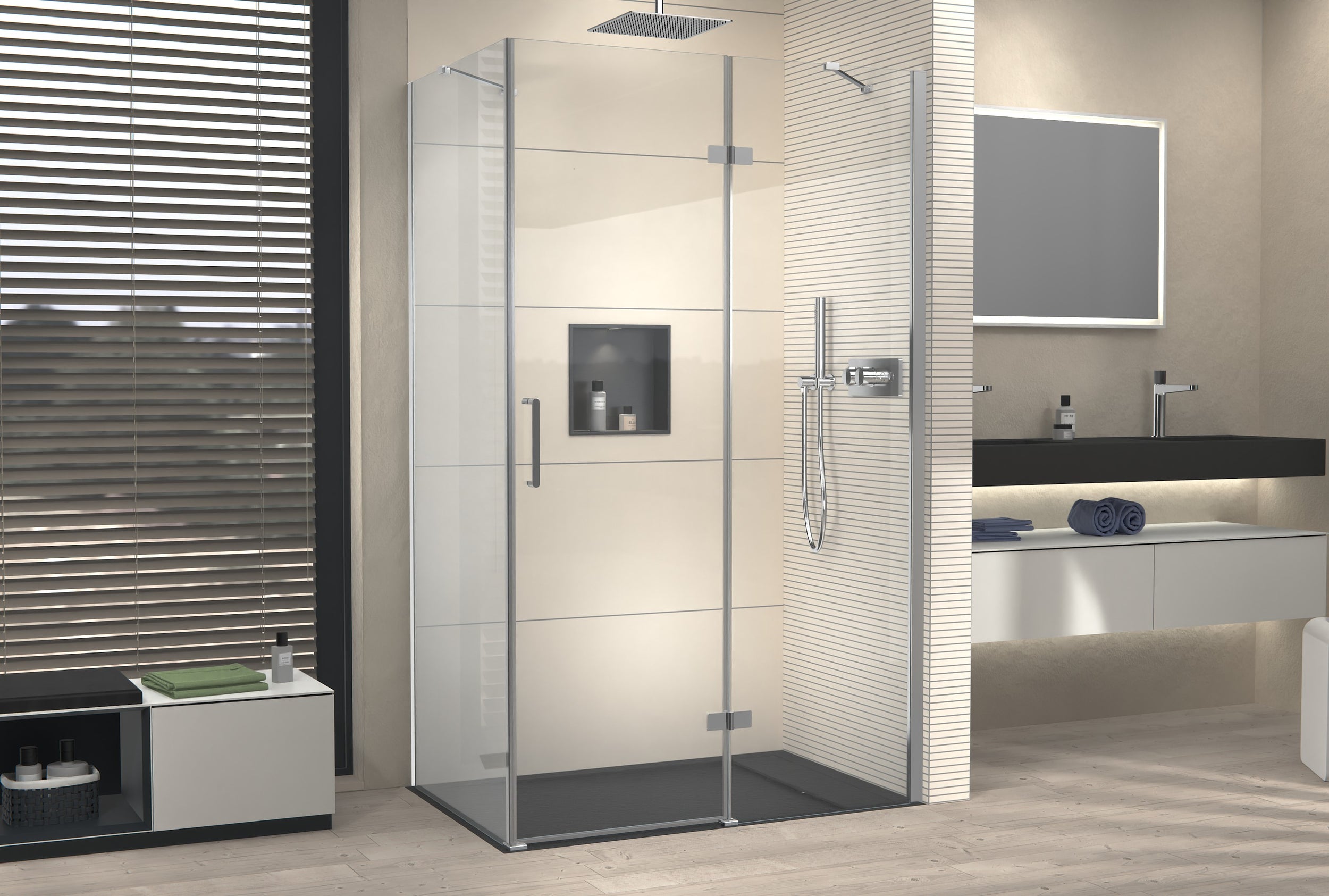 Corner shower with hinged door on fixed panel NT403