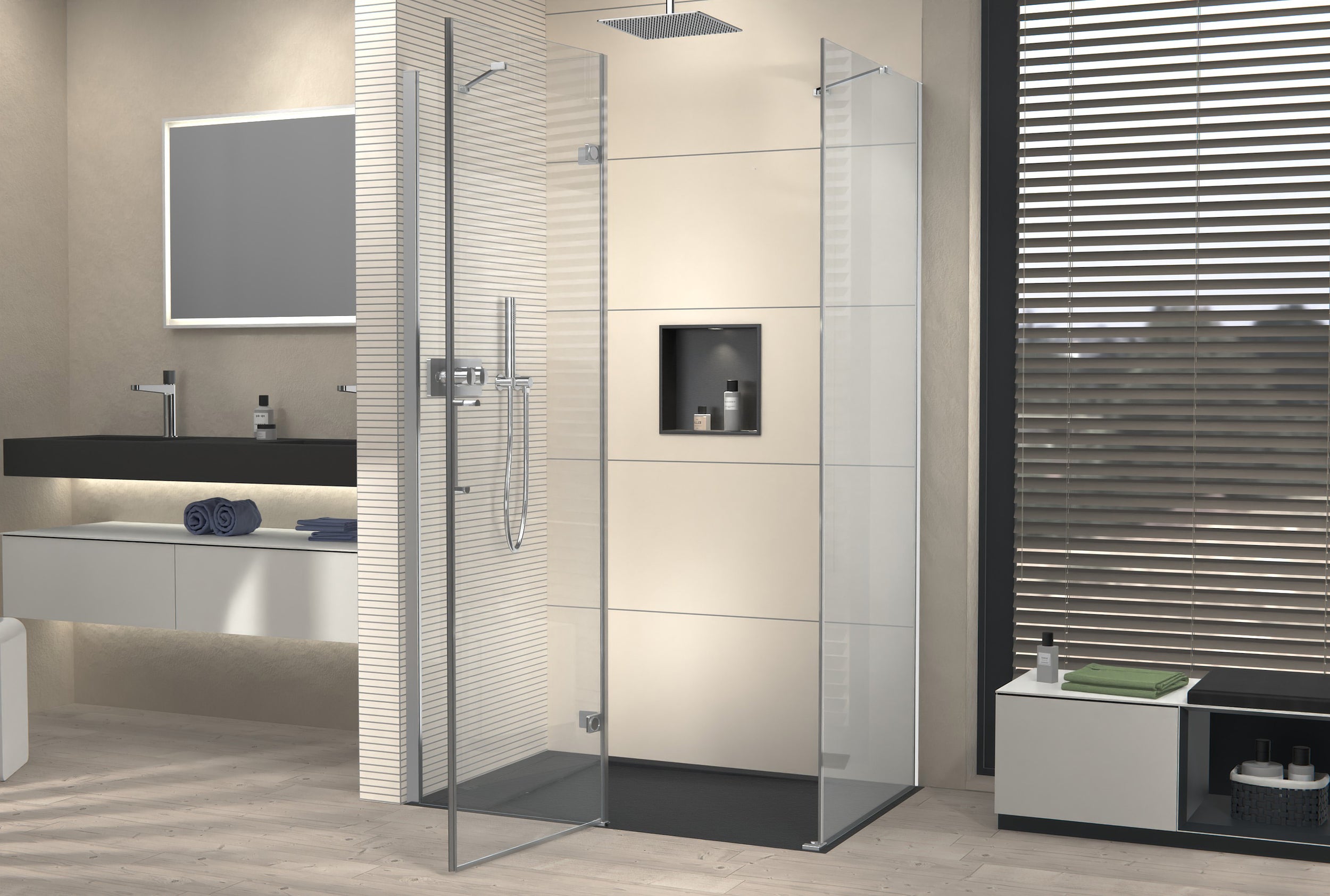 Corner shower with pivot door on fixed panel NT403