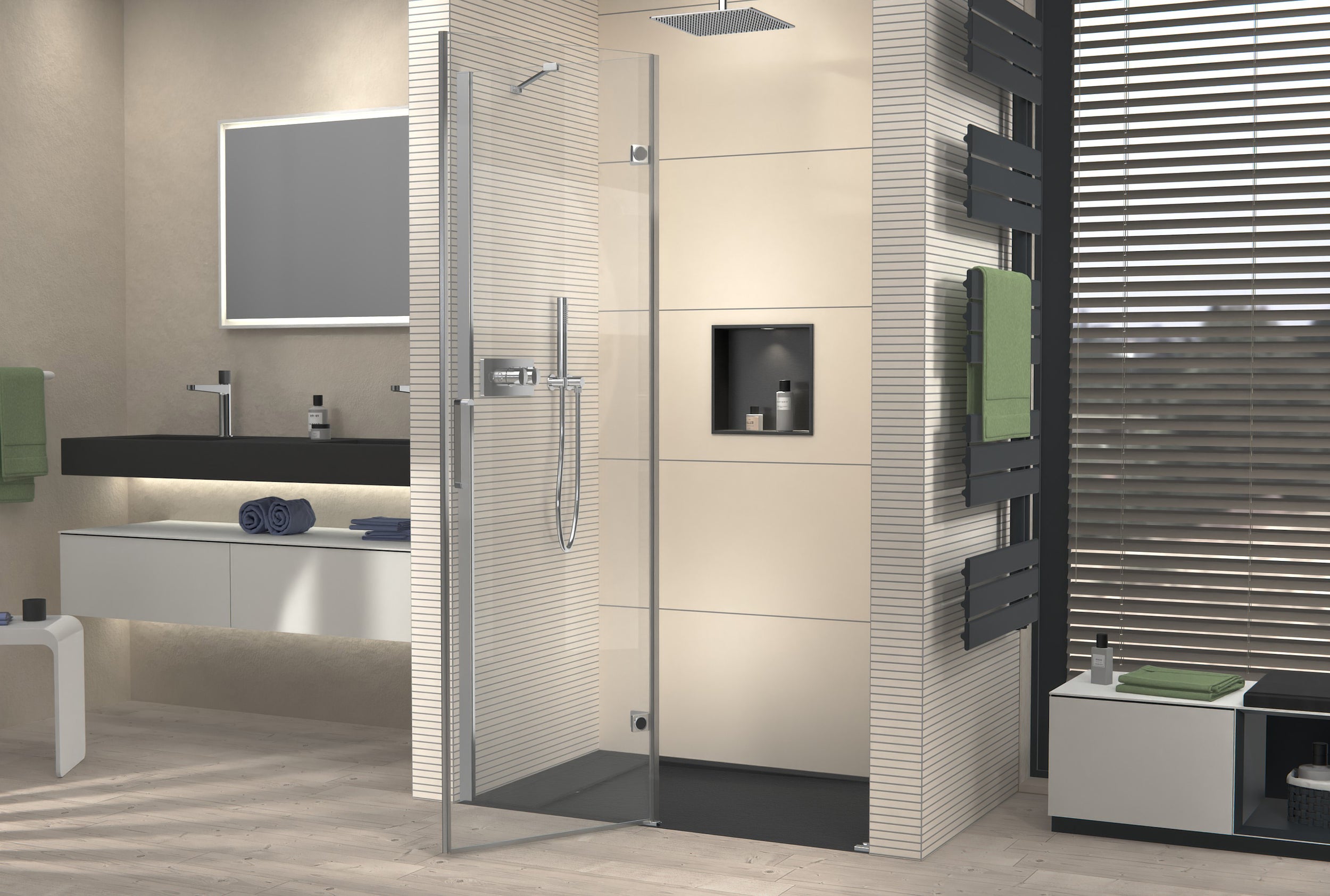 Niche shower with hinged door on fixed panel NT403
