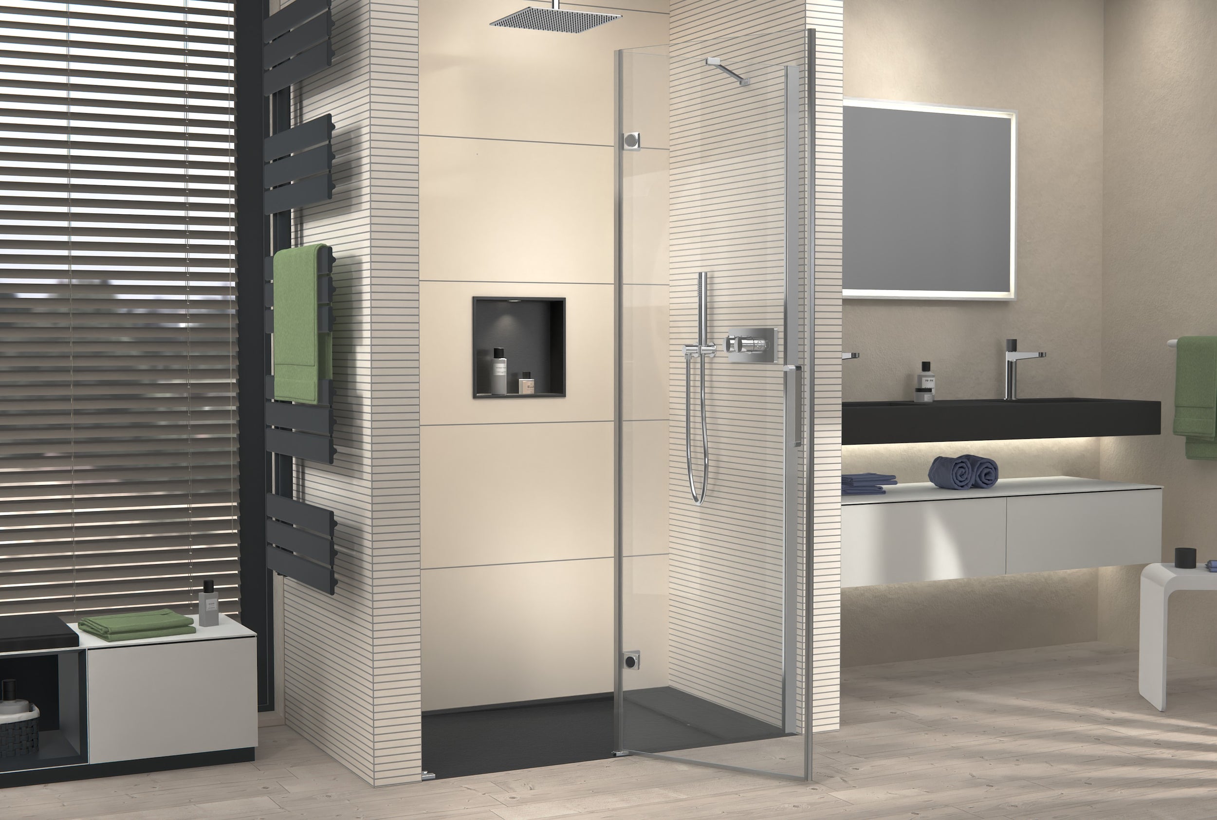 Niche shower with hinged door on fixed panel NT403