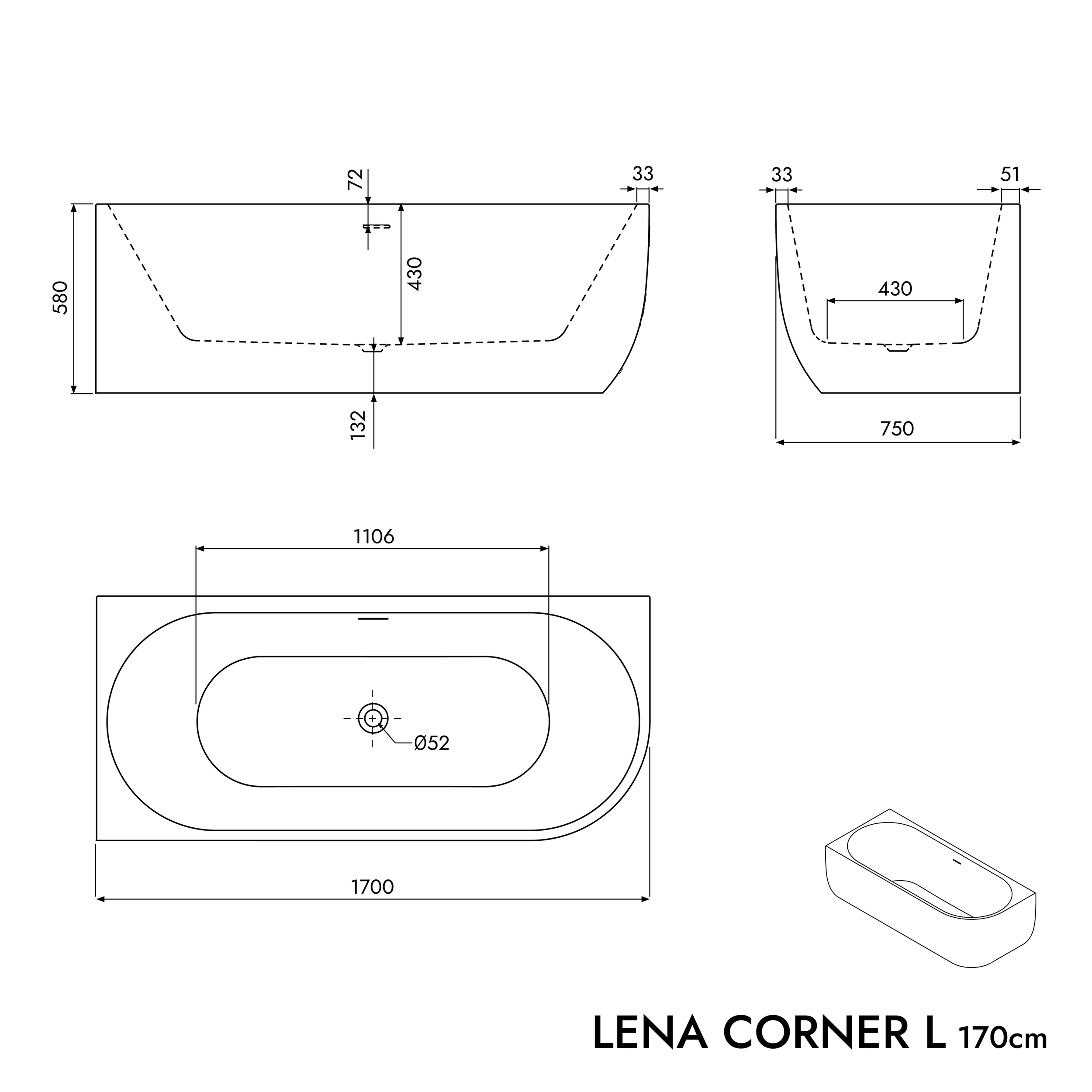 Half freestanding bathtub LENA CORNER