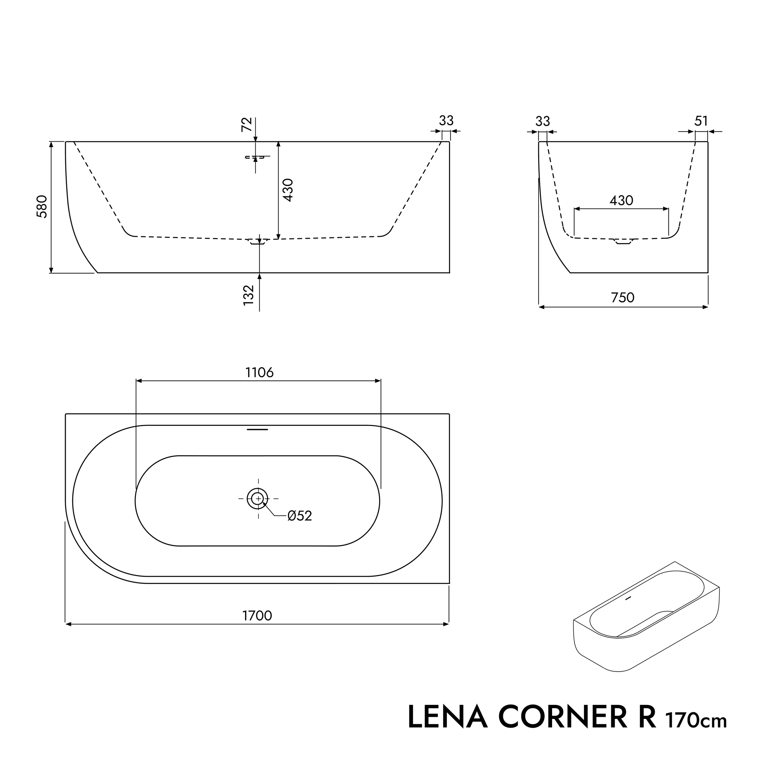 Semi freestanding bathtub LENA CORNER