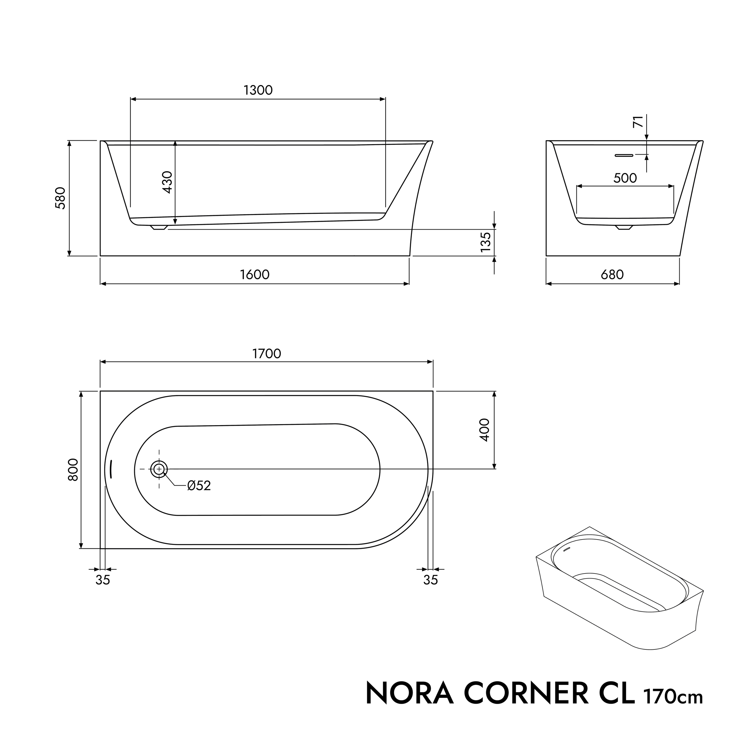 Semi-freestanding space-saving bathtub NORA CORNER acrylic white matt