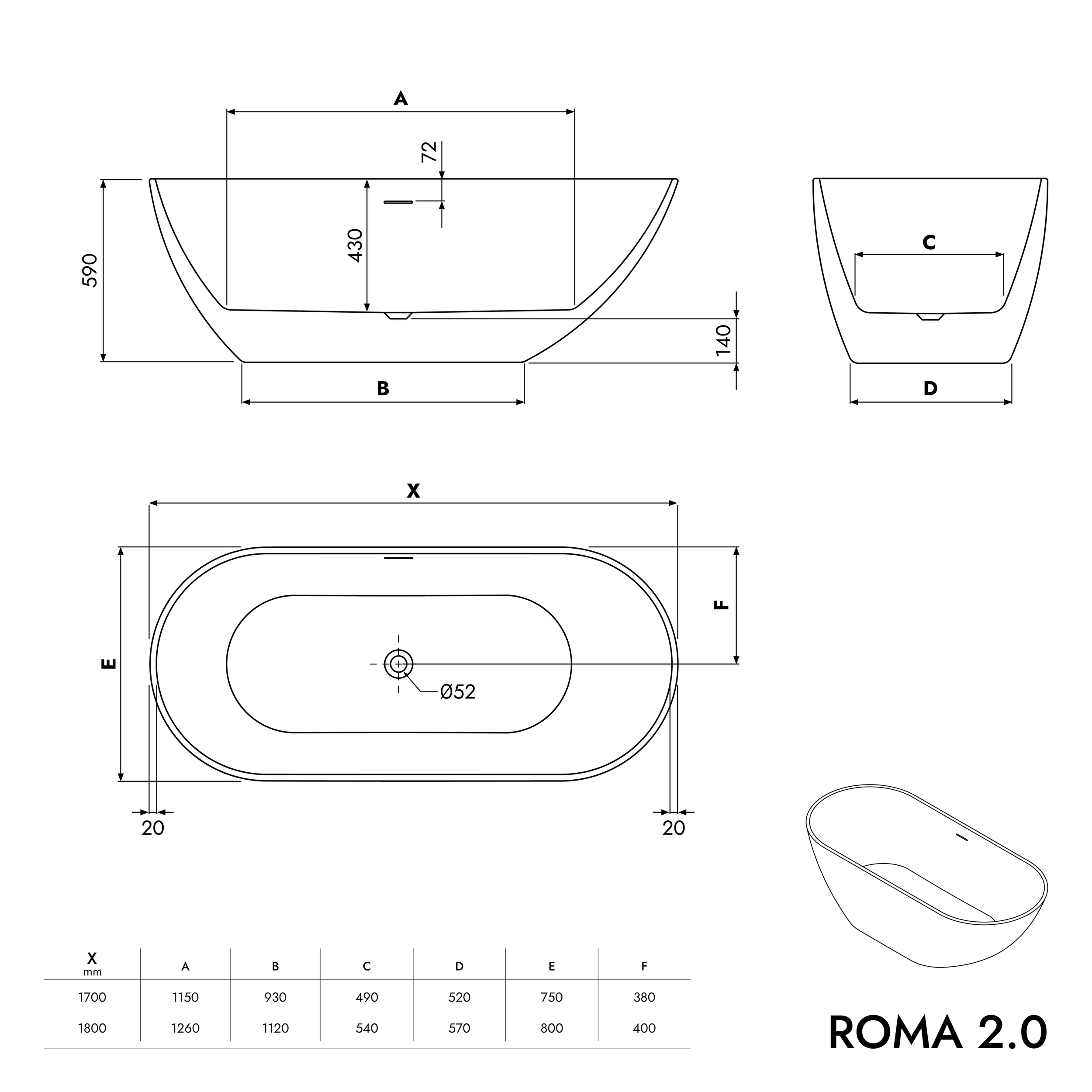 Freestanding bath tub ROMA 2.0 acrylic white matt