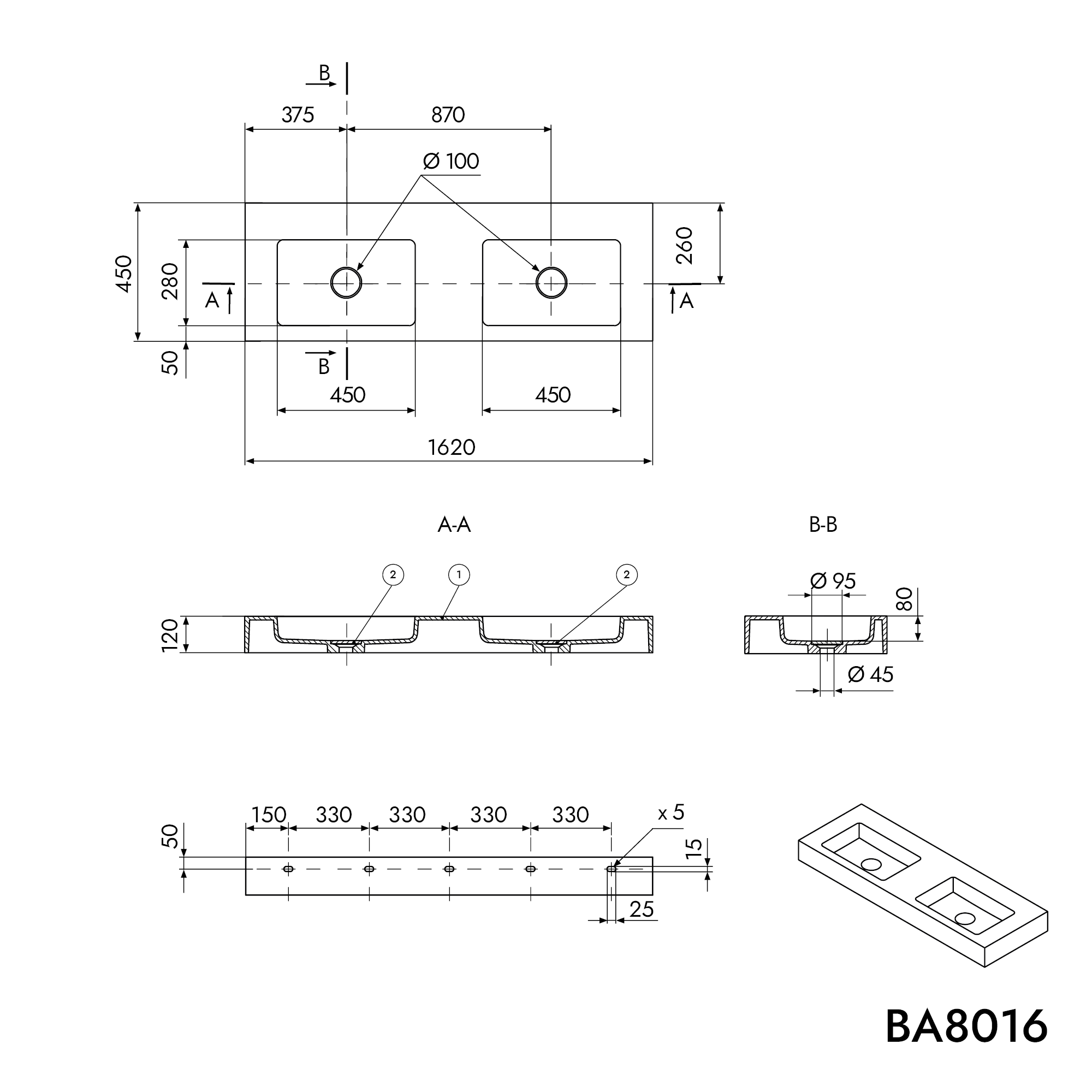 Wall-mounted double washbasin BA8016 in mineral cast