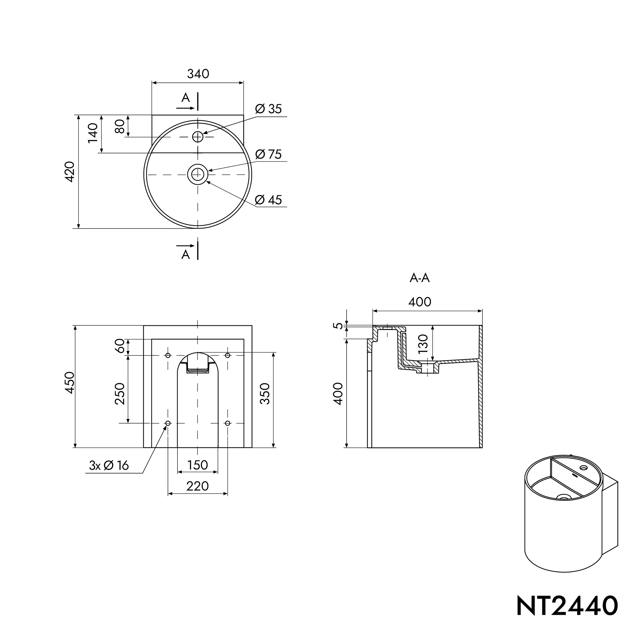 Wall-mounted washbasin NT2440 in mineral cast