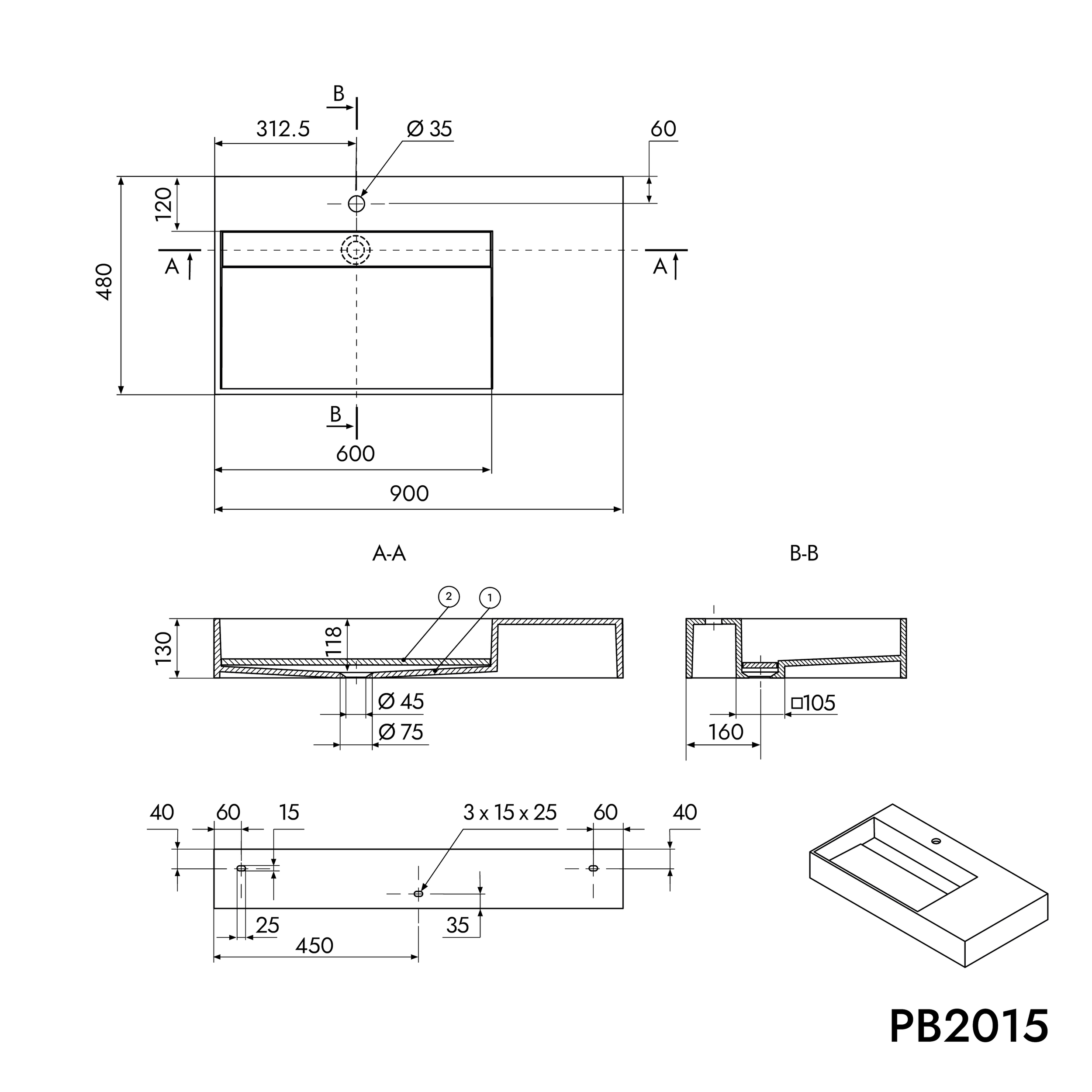 PB2015 wall-mounted washbasin in mineral cast