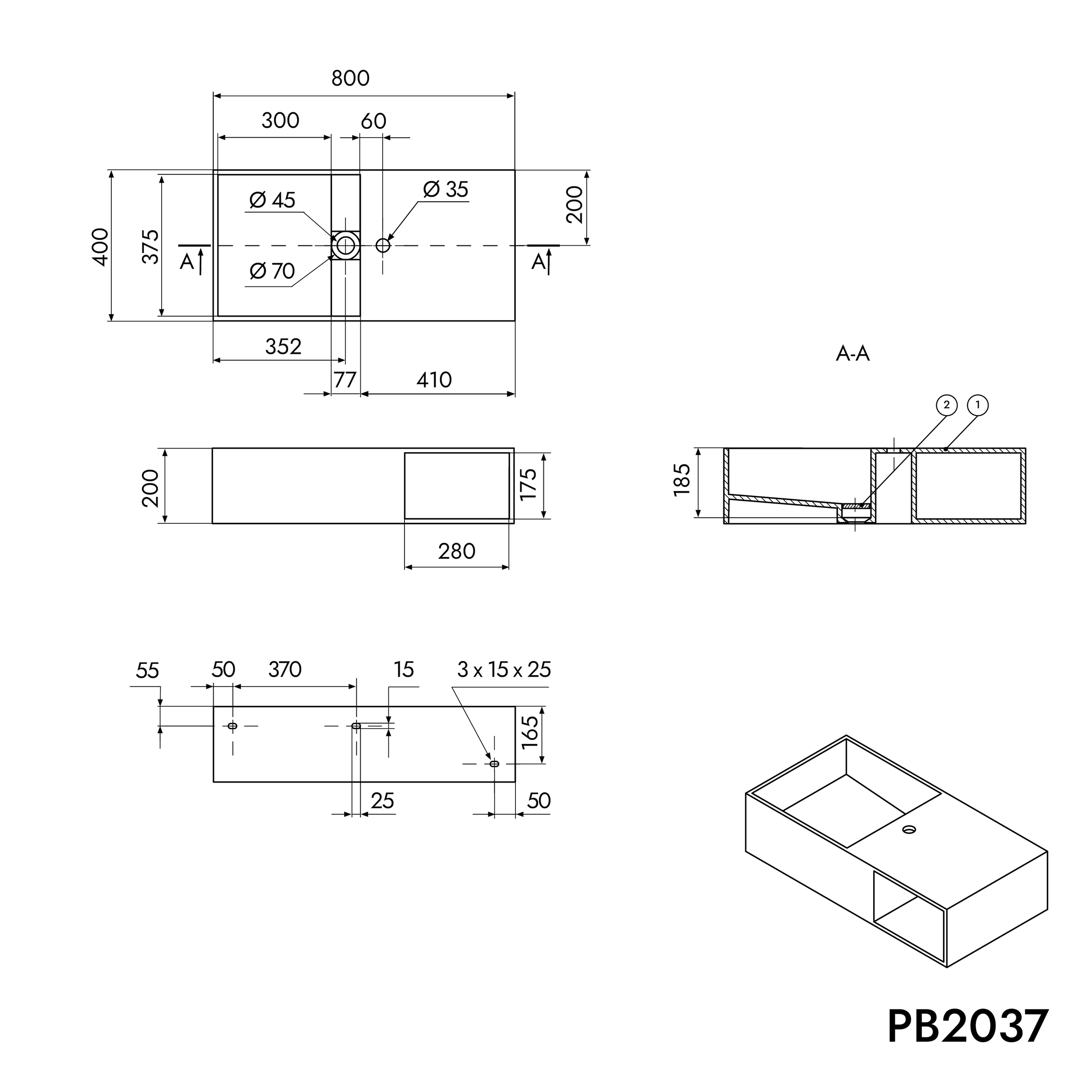 Wall-mounted washbasin PB2037 in mineral cast