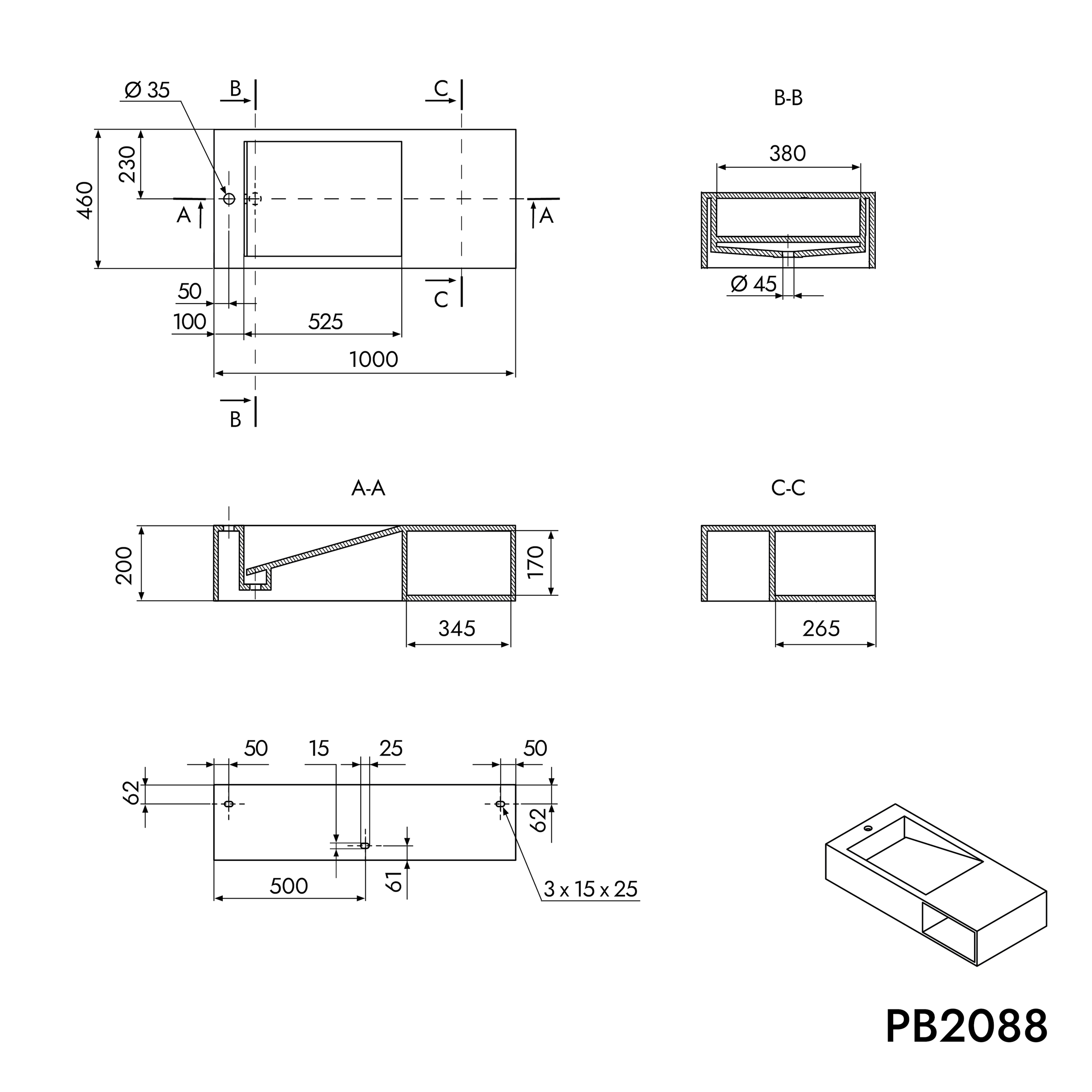 Wall-mounted washbasin PB2088 in mineral cast