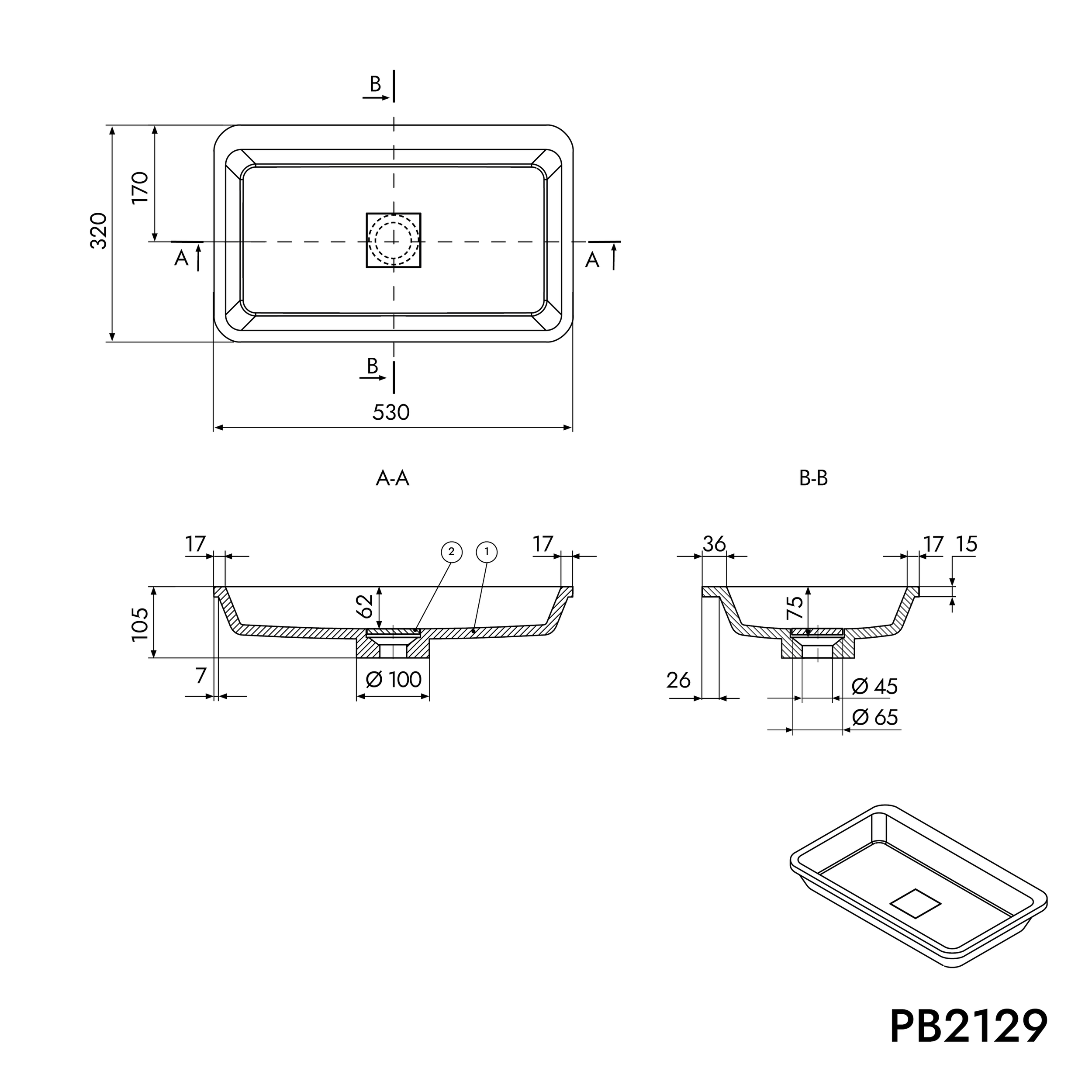 Built-in wash basin PB2129 - 53 x 32 x 10,5 cm - pure acrylic 