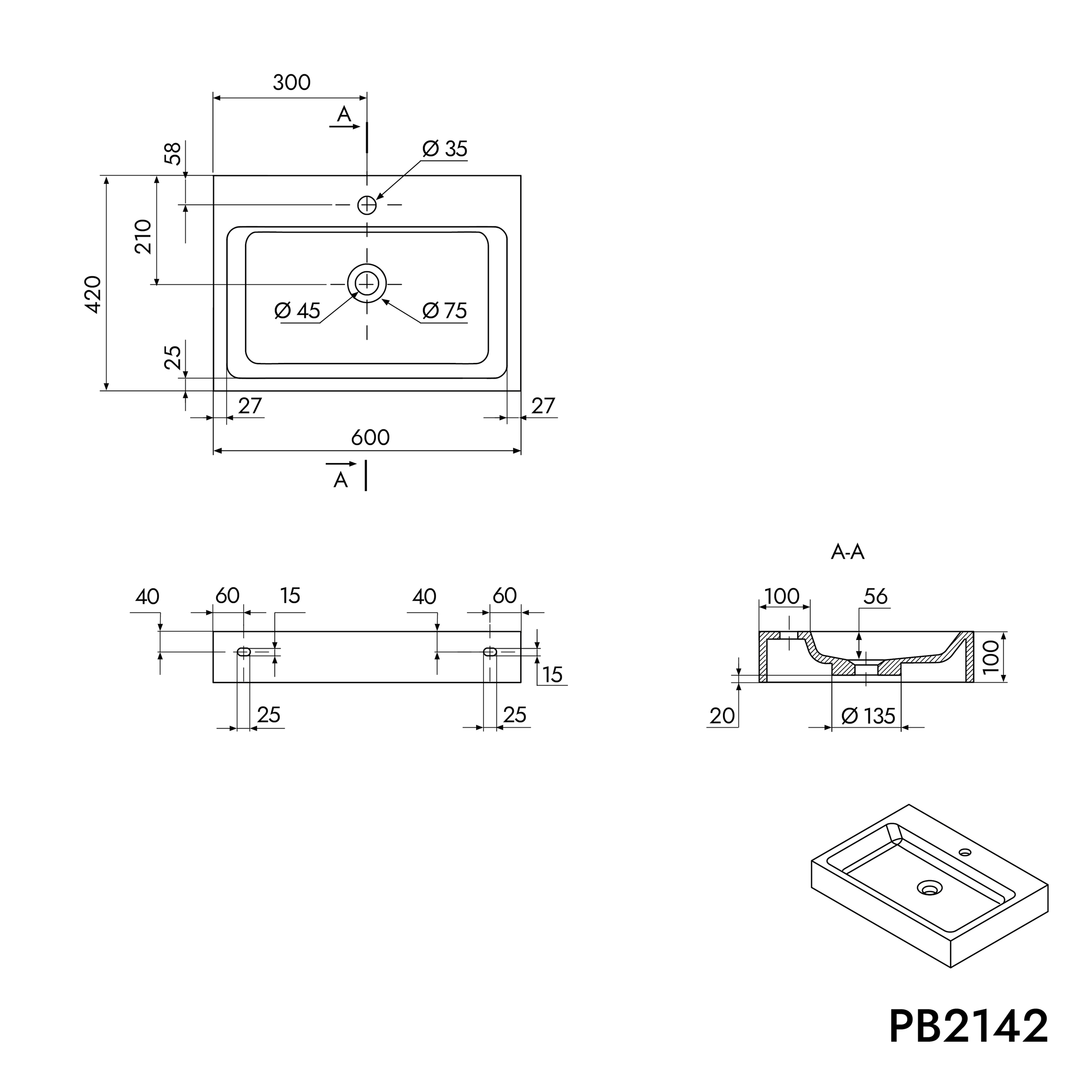 Mineral cast wall-mounted washbasin PB2142