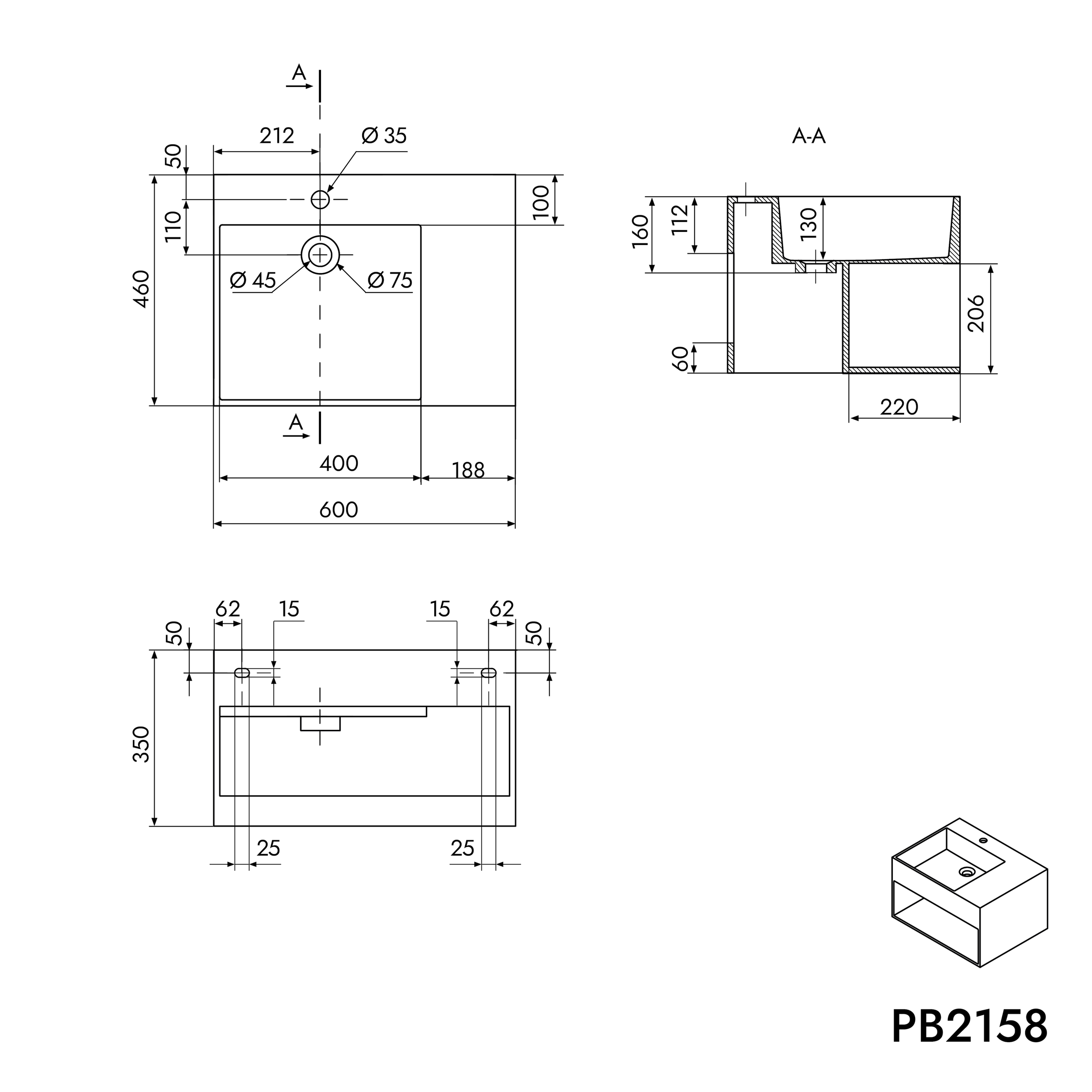 Wall-mounted washbasin PB2158 in mineral cast