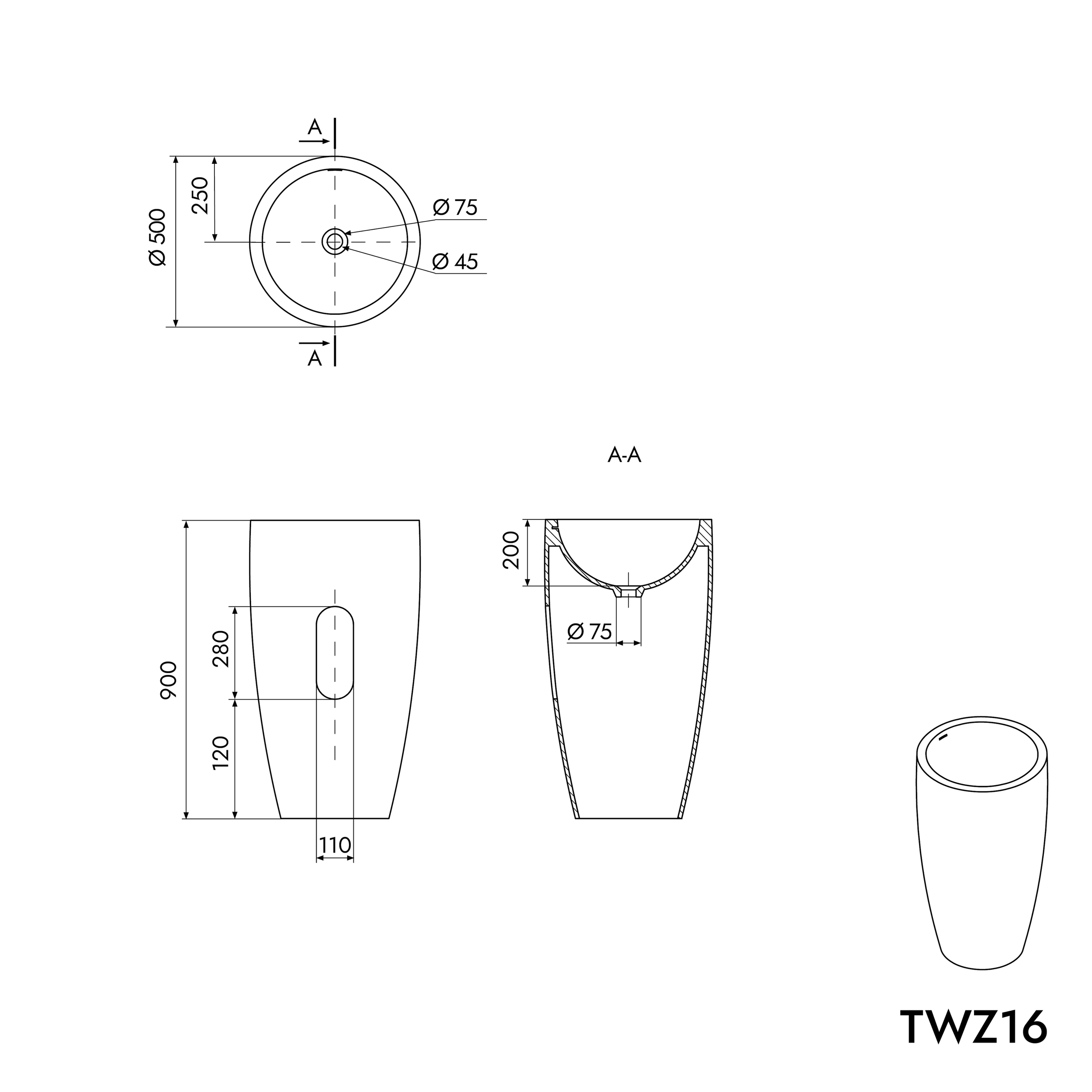Pedestal washbasin TWZ16