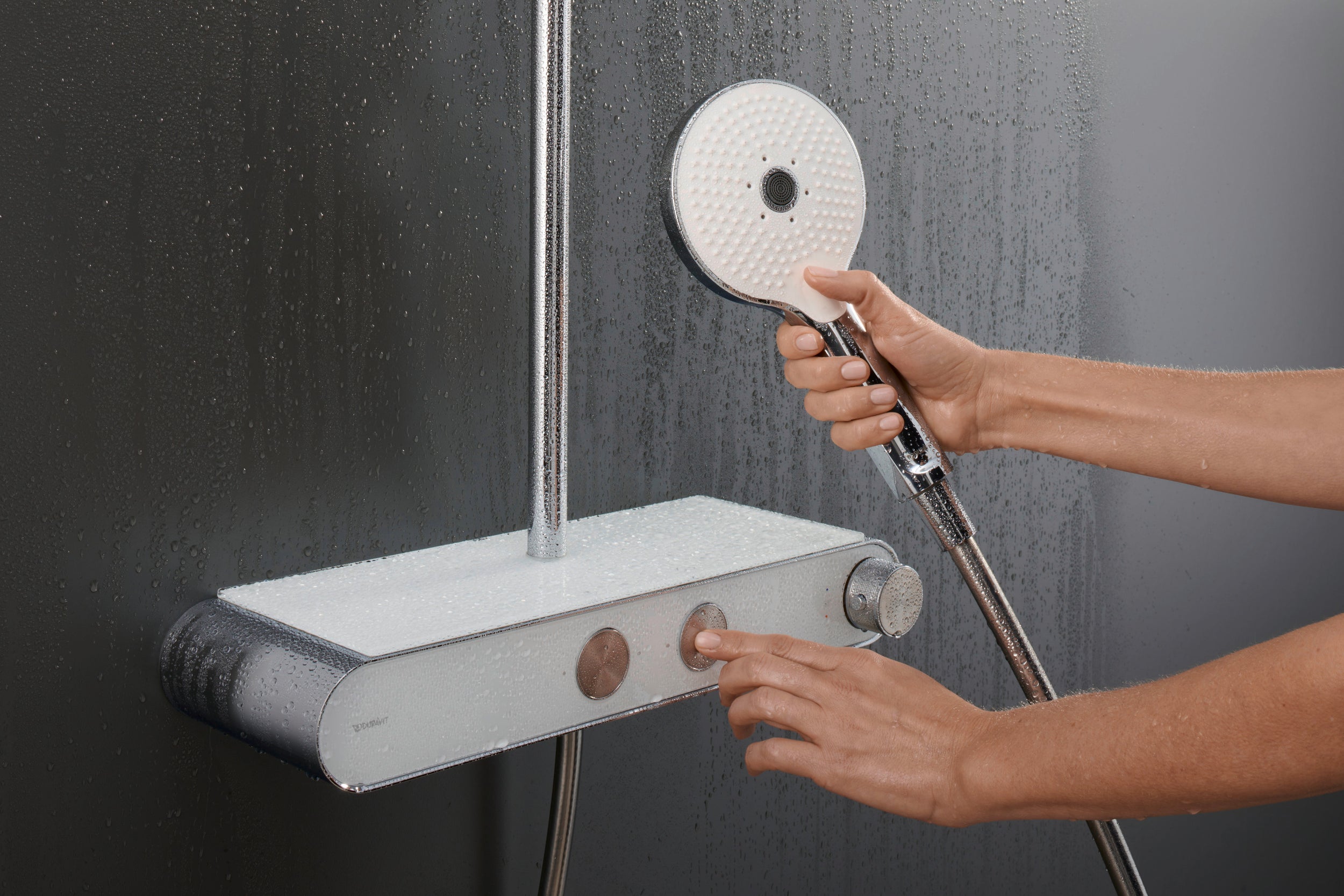 Duravit Shower System with thermostat, glass shelf, 3 spray types and MinusFlow function - chrome/white