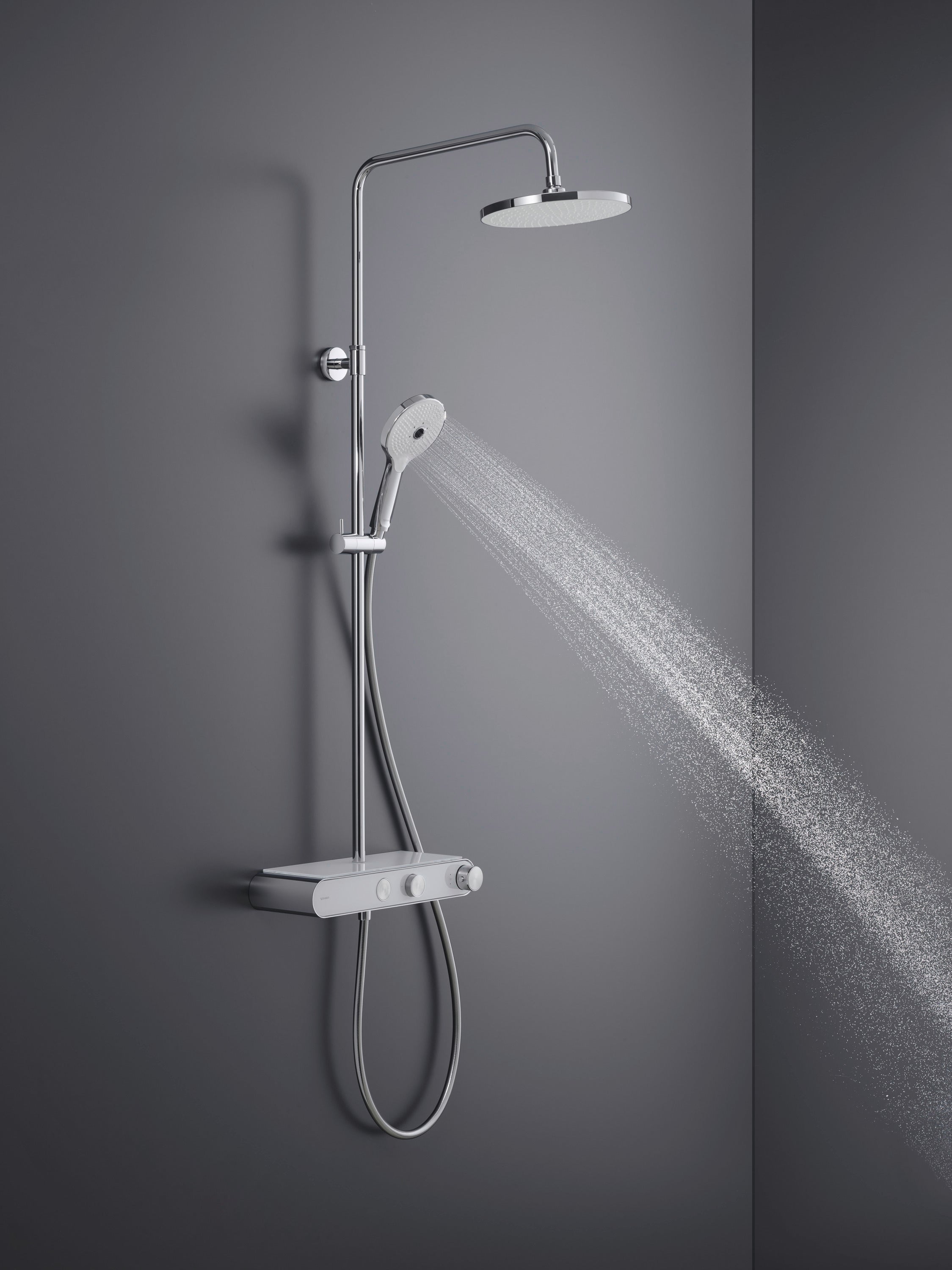 Duravit Shower System with thermostat, glass shelf, 3 spray types and MinusFlow function - chrome/white