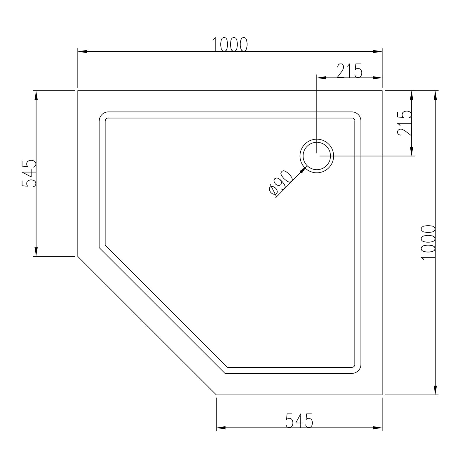 Pentagonal Shower Tray 100 x 100cm including waste fittings