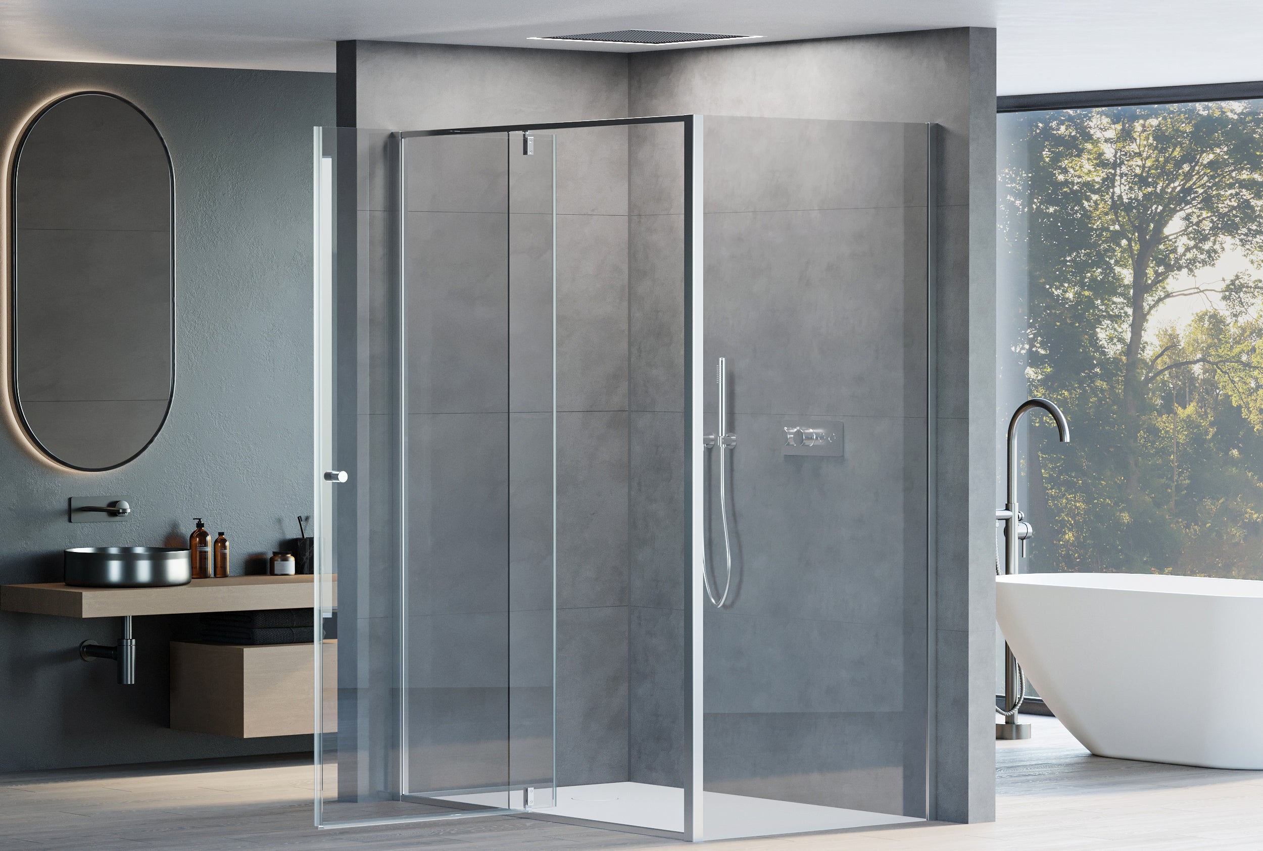 Corner shower with revolving door on fixed panel NT606 FLEX