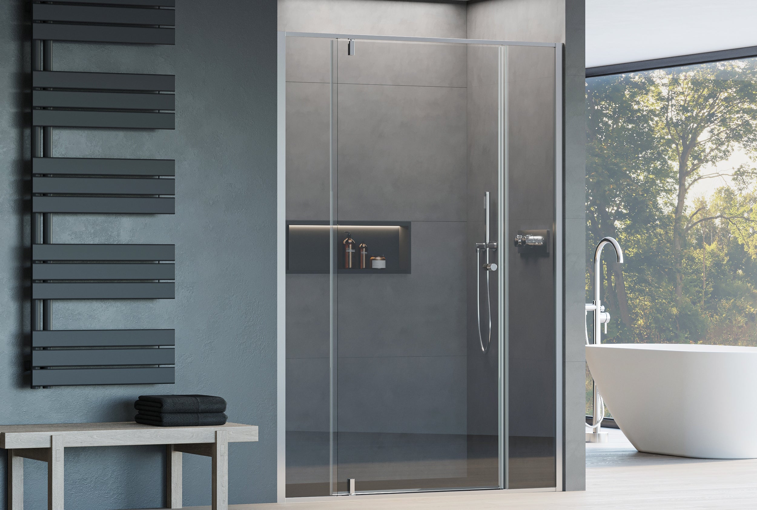 Niche shower with hinged door - two fixed panels NT607 - FLEX