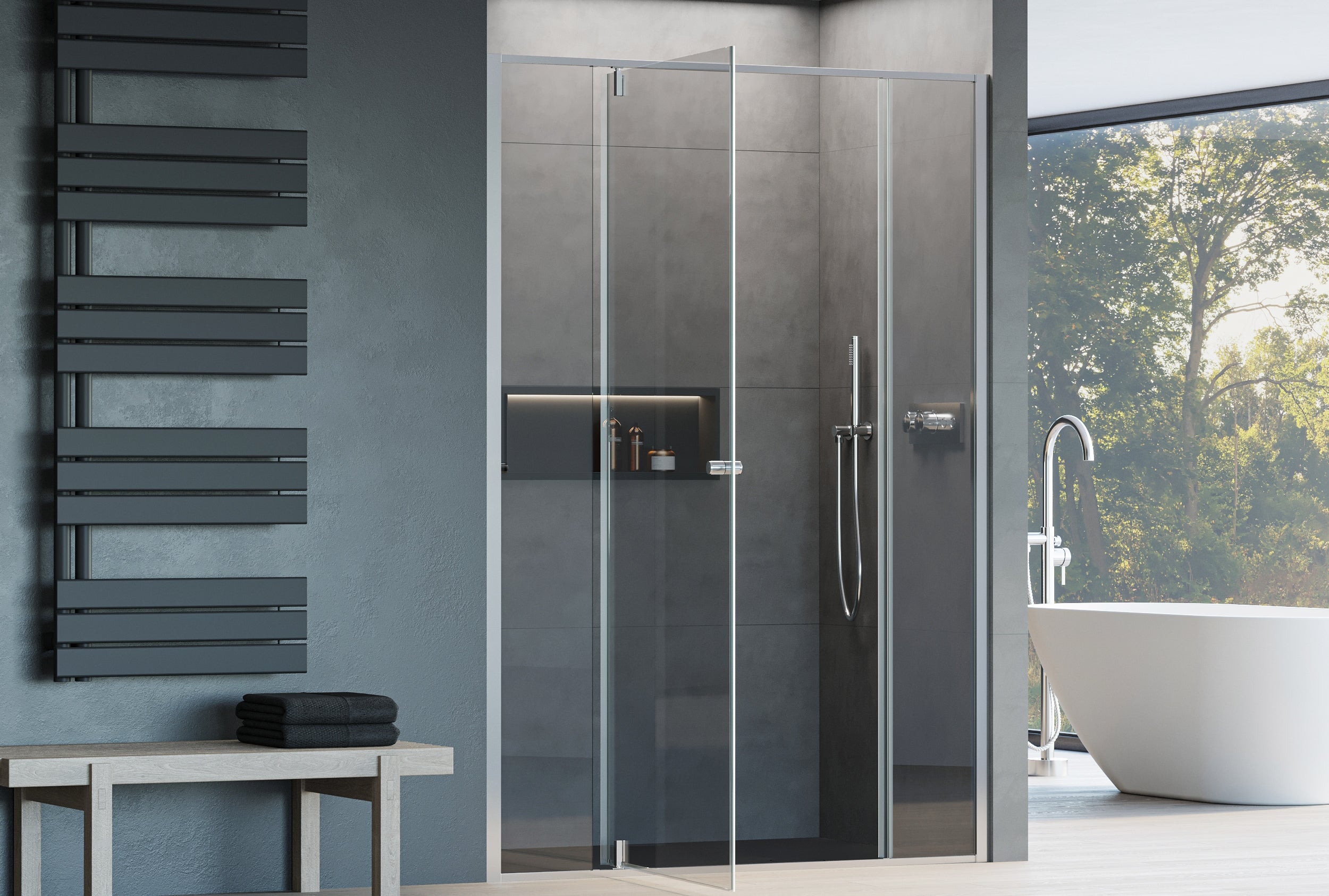 Niche shower with hinged door - two fixed panels NT607 - FLEX