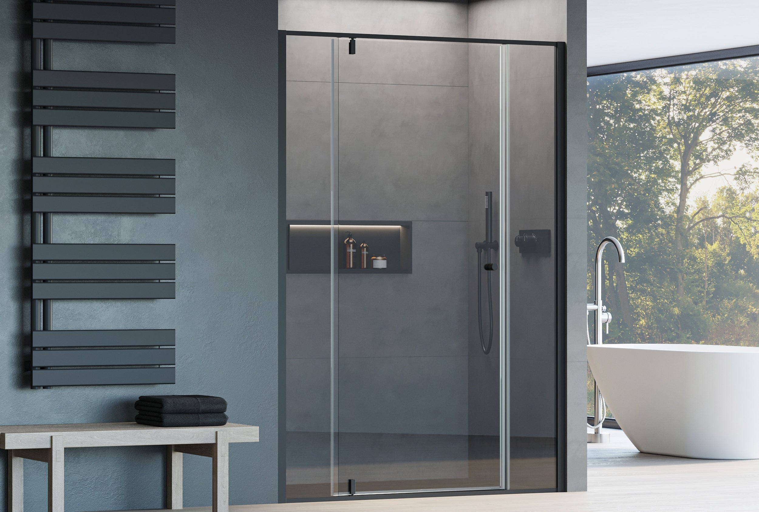 Niche shower with hinged door - two fixed panels NT607 - FLEX