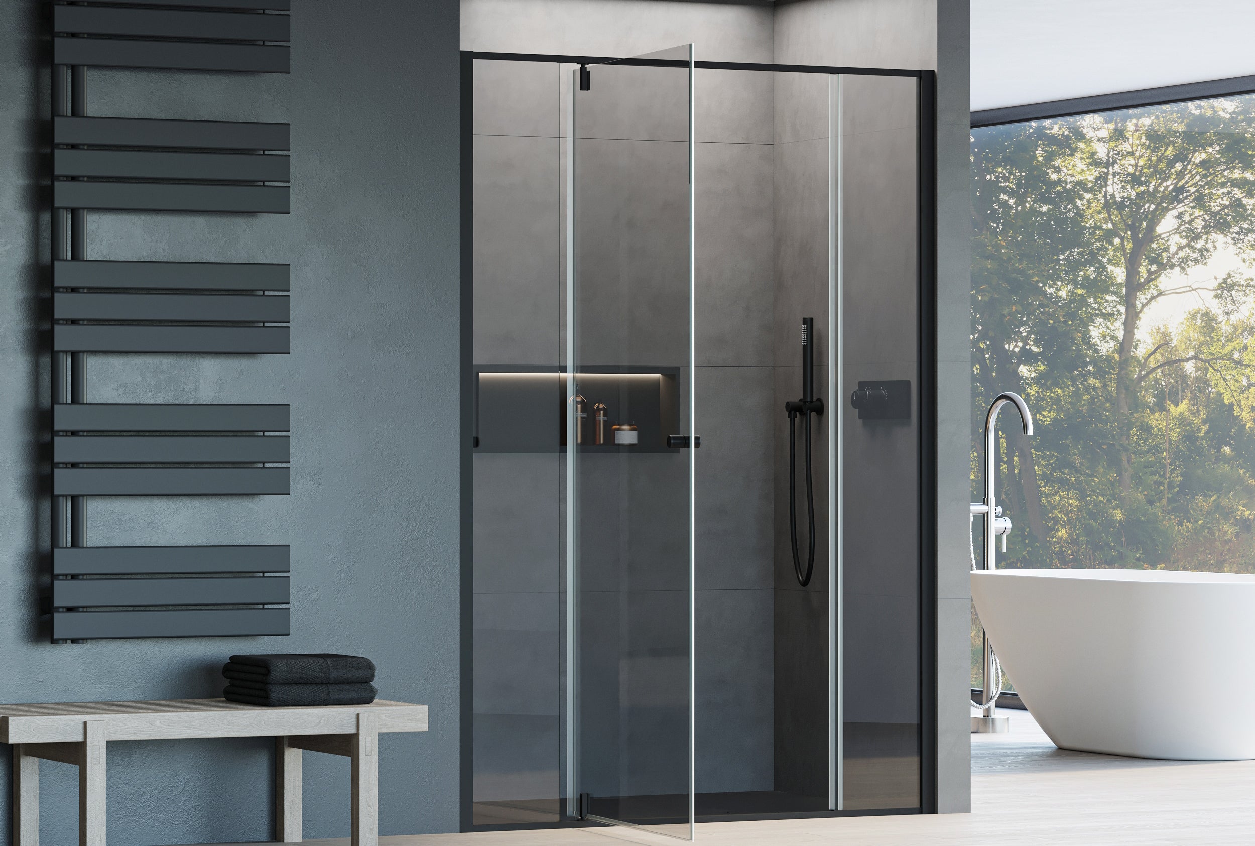 Niche shower with hinged door - two fixed panels NT607 - FLEX