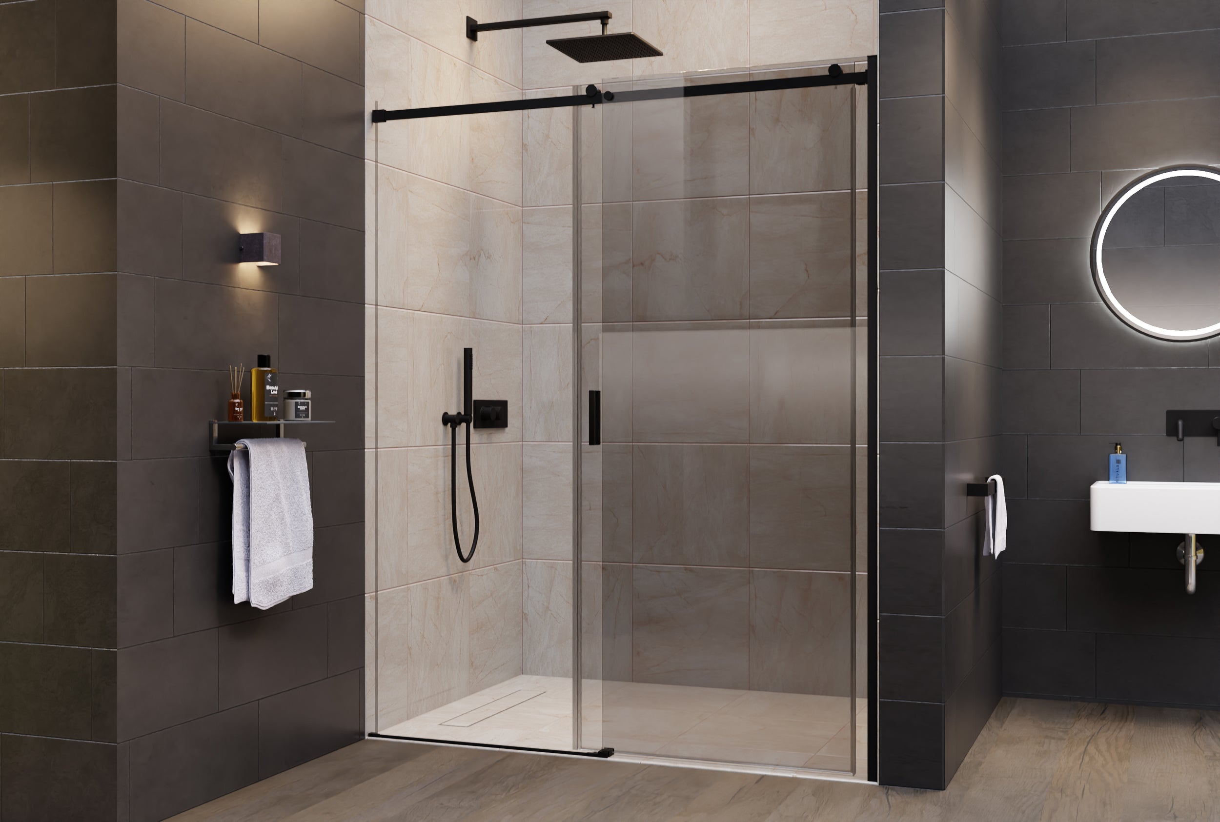 Niche shower with sliding door NT806 FLEX Black matt - Nano Grey glass - glass thickness selectable