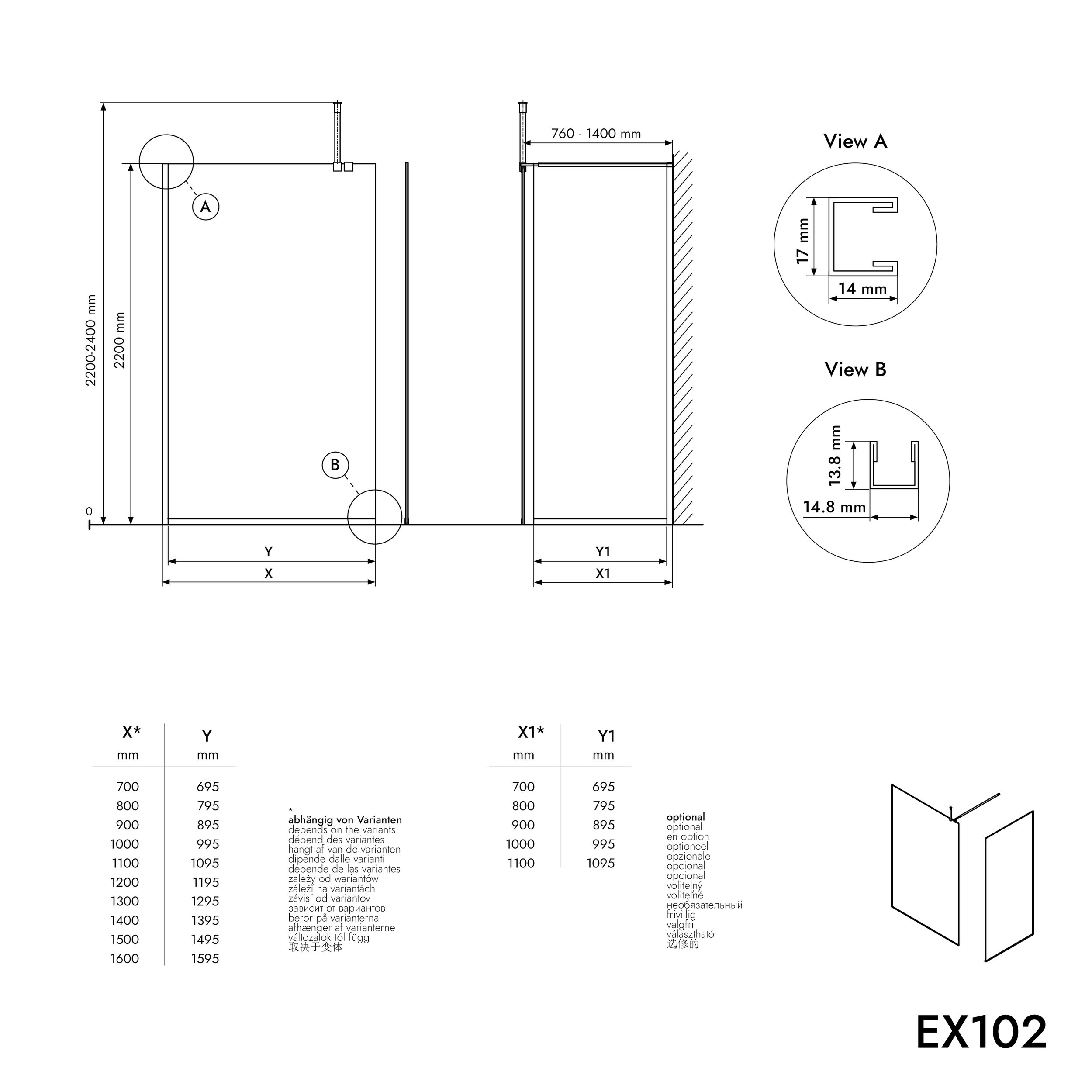 Walk-in Shower enclosure 10mm nano clear glass EX102  - 1 glass wall stainless steel profile chrome - width selectable