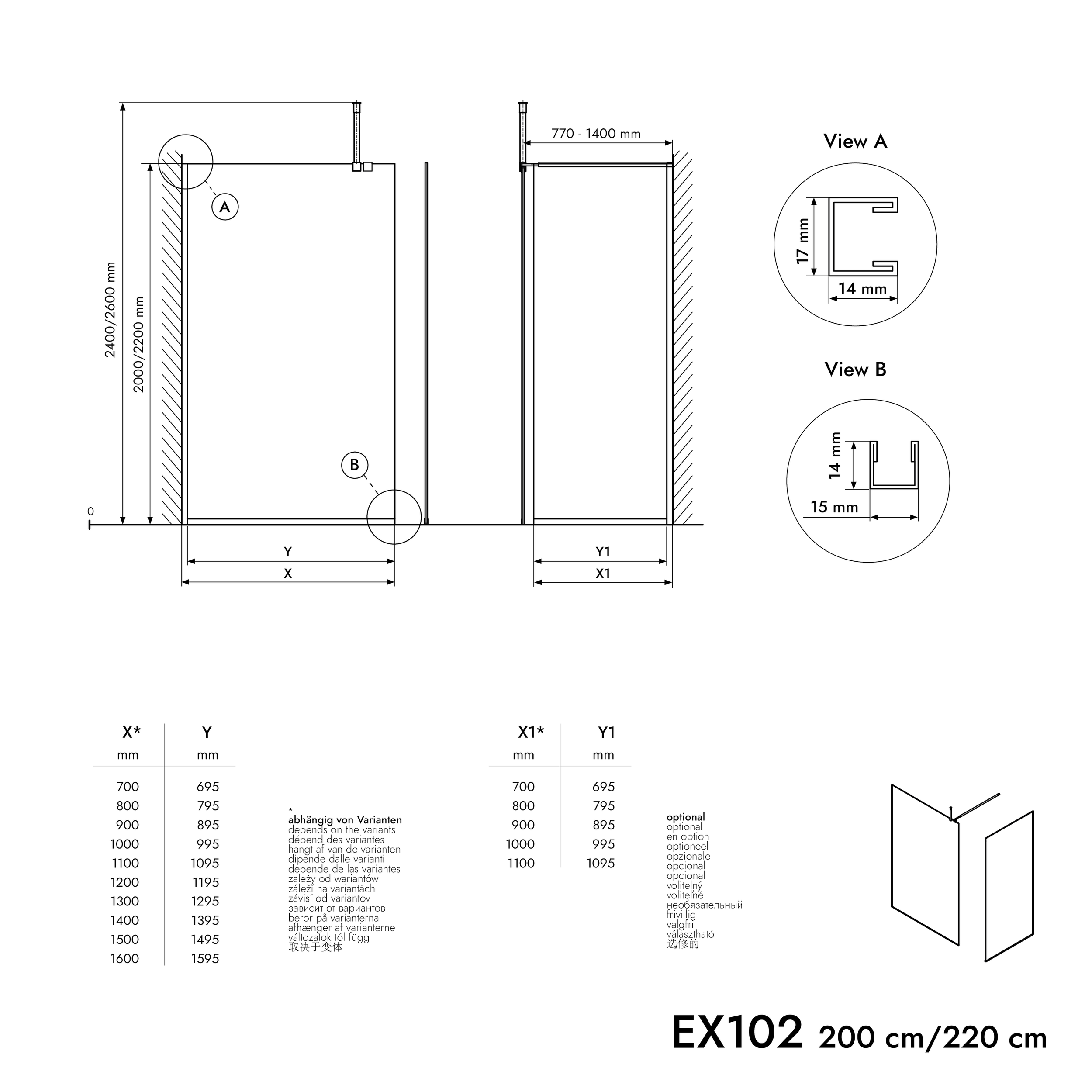 Walk-in Shower enclosure 10mm nano clear glass EX102  - 1 glass wall stainless steel profile chrome - width selectable