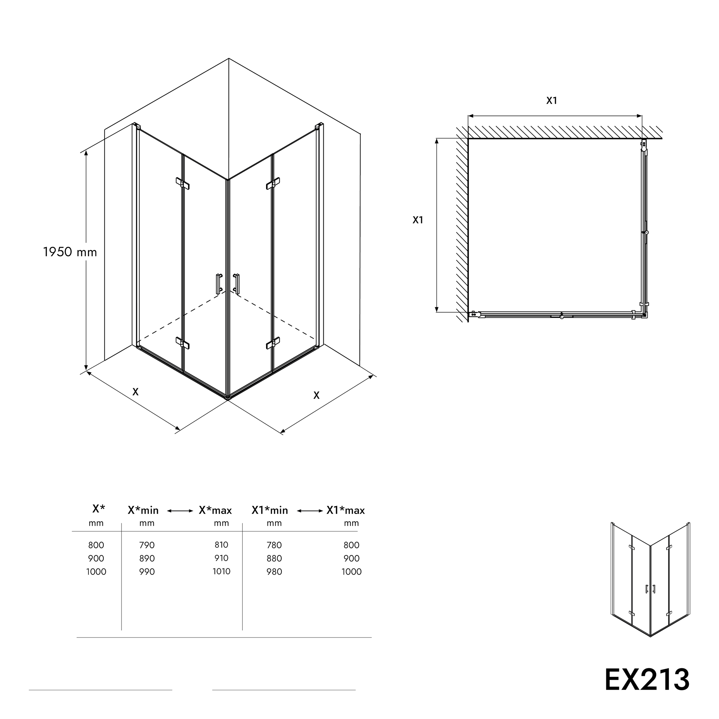 Corner shower enclosure  EX213 -  NANO safety glass - 90 x 90 x 195cm - without shower tray
