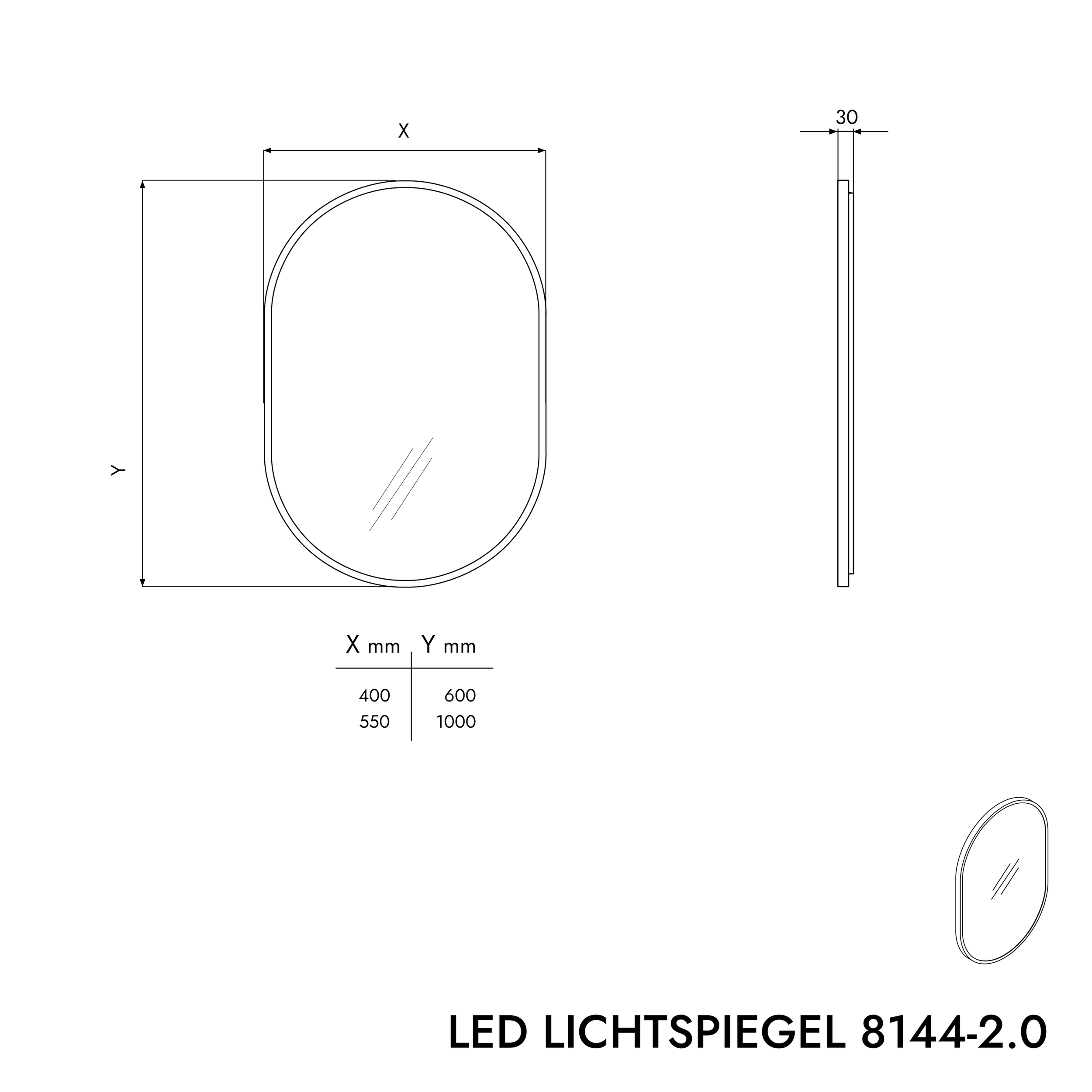 LED illuminated mirror 8144-2.0 oval incl. mirror heating & warm/cold light adjustment - frame black - size selectable