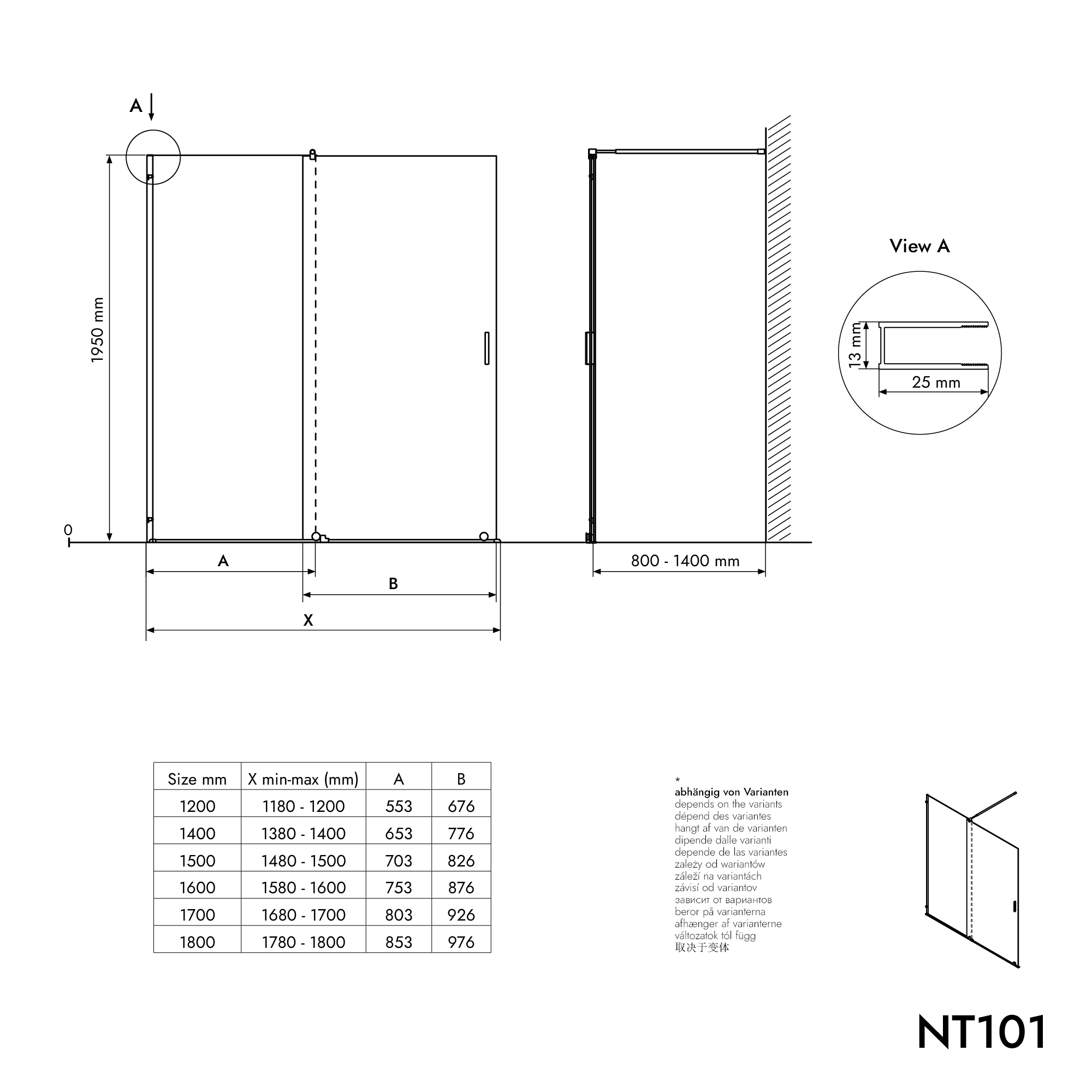 Shower enclosure Walk-In NT101 Sliding door Black matt - Nano Grey glass 8mm - selectable width .