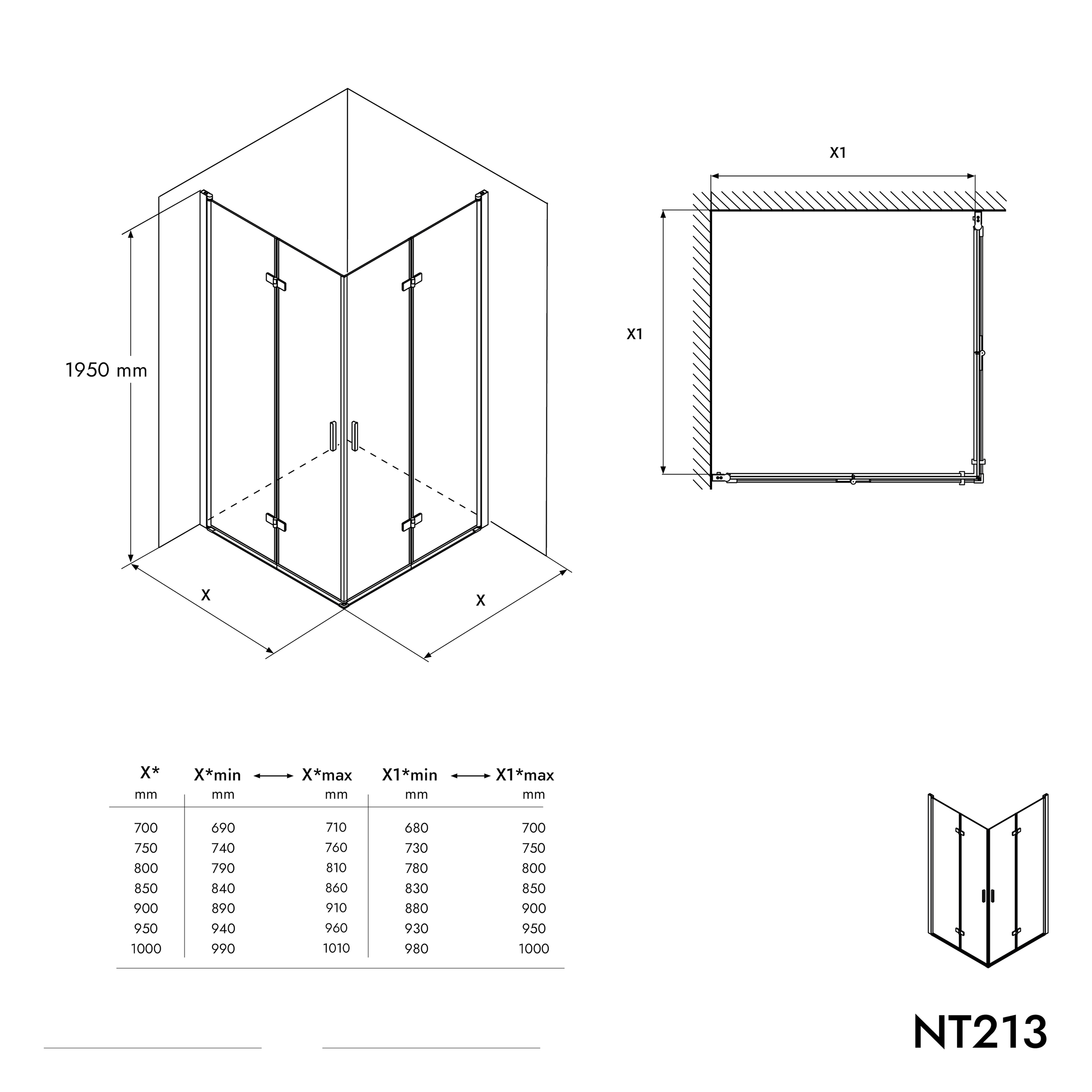 Corner shower with folding door NT213 - 8 mm nano clear glass - profile colour & width selectable