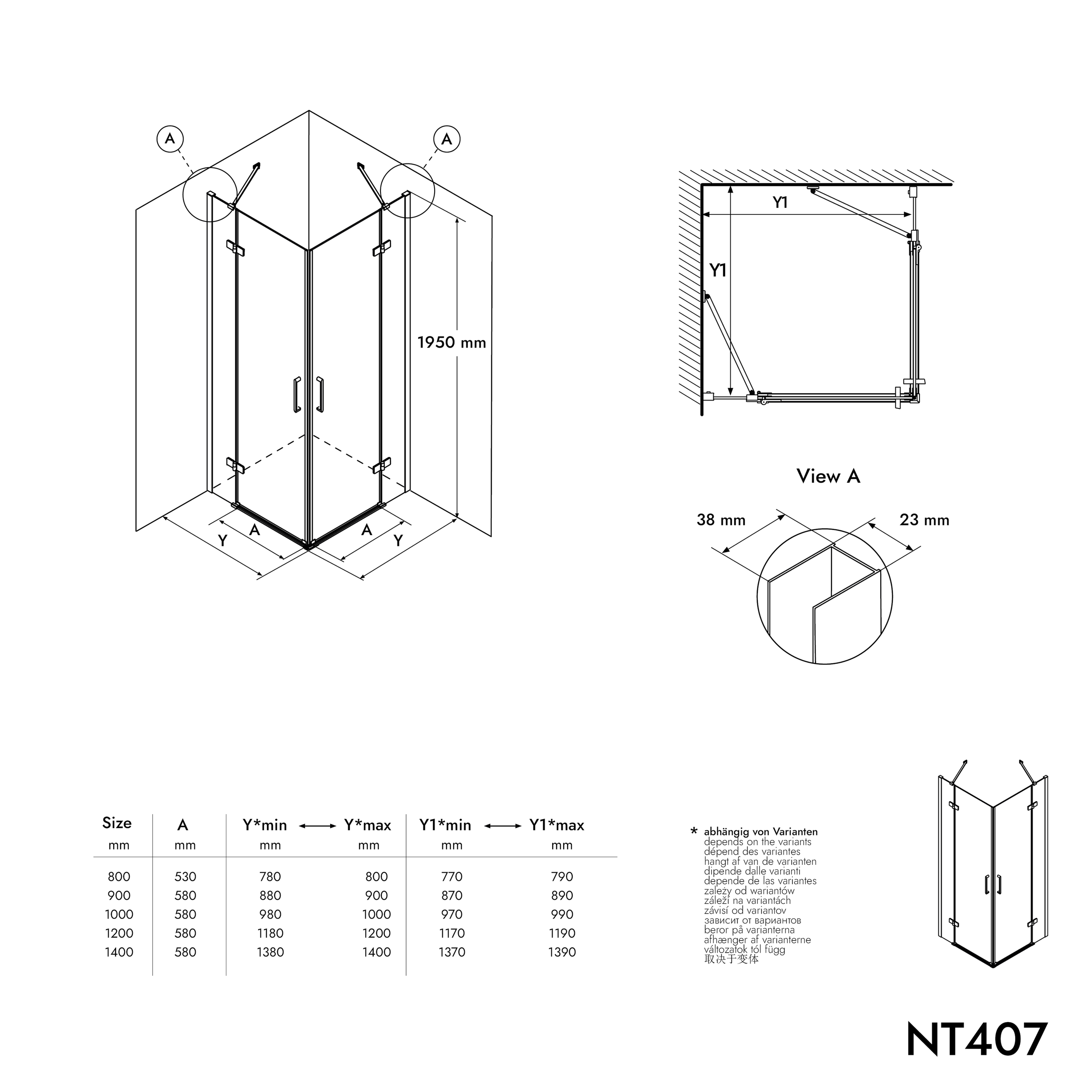 Corner shower with two hinged doors on fixed panel NT407