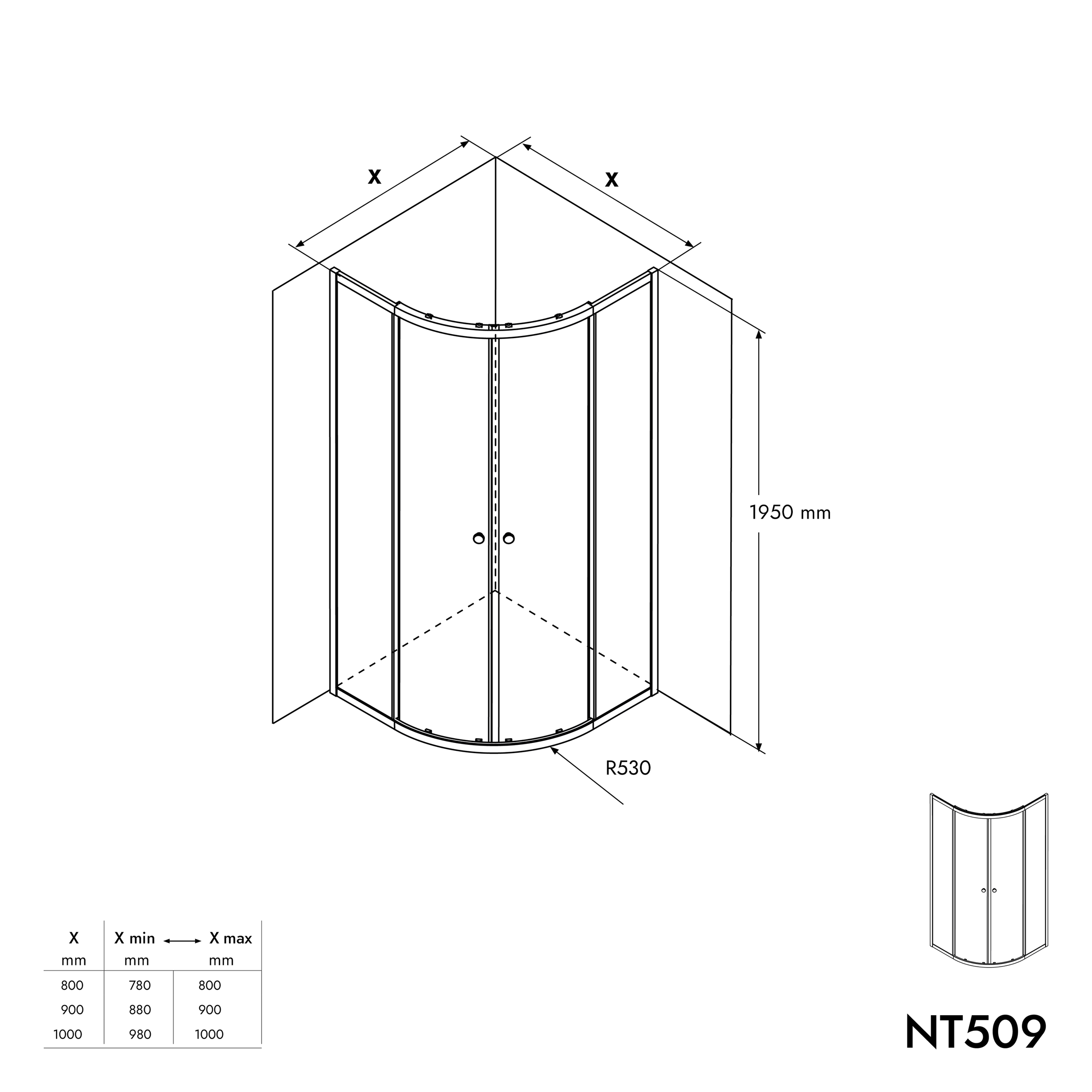 Quarter-circle shower enclosure with sliding door NT509 - 6 mm nano clear glass - profile colour & size selectable 