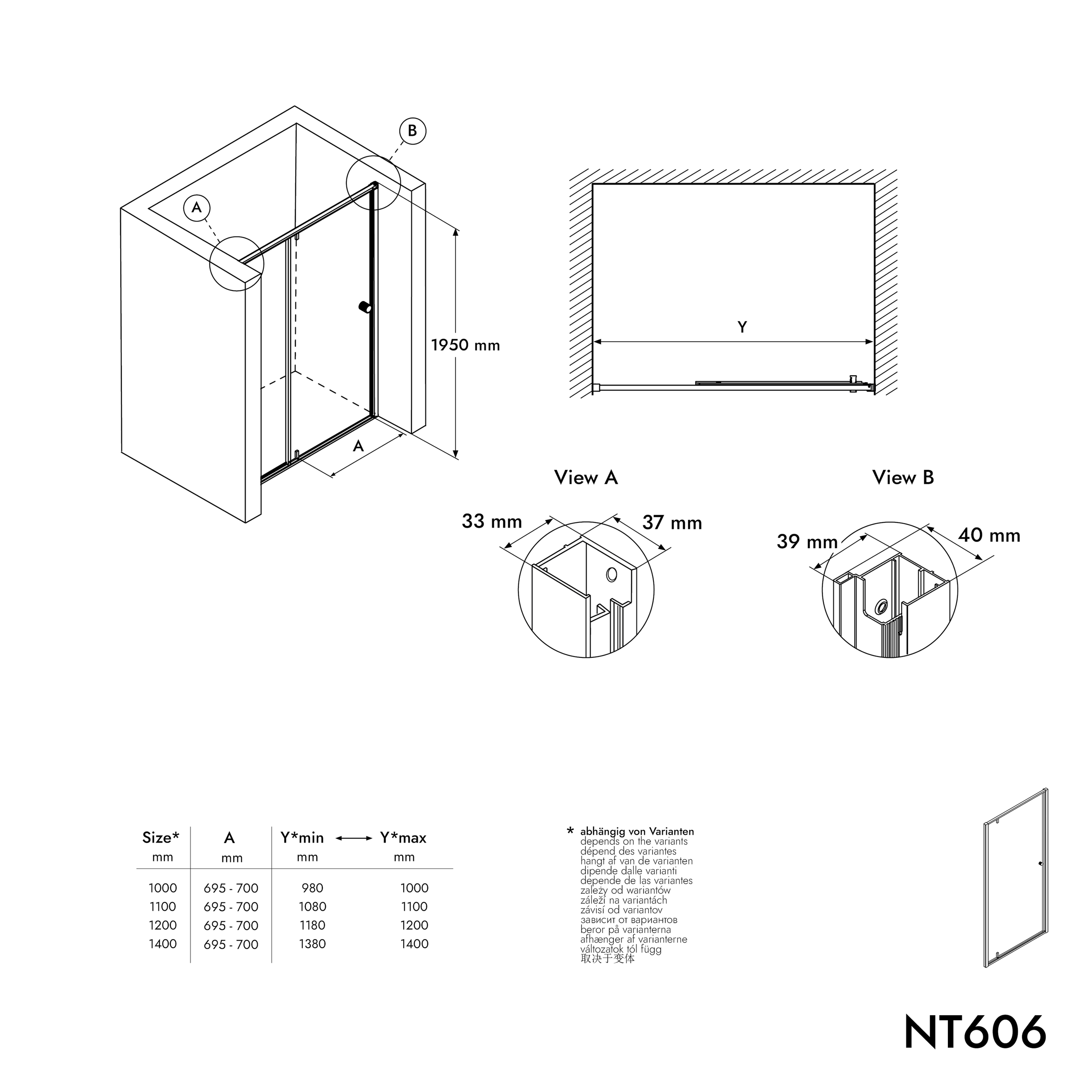 Niche shower with revolving door on fixed panel NT606 FLEX - 6 mm nano clear glass - profile color selectable