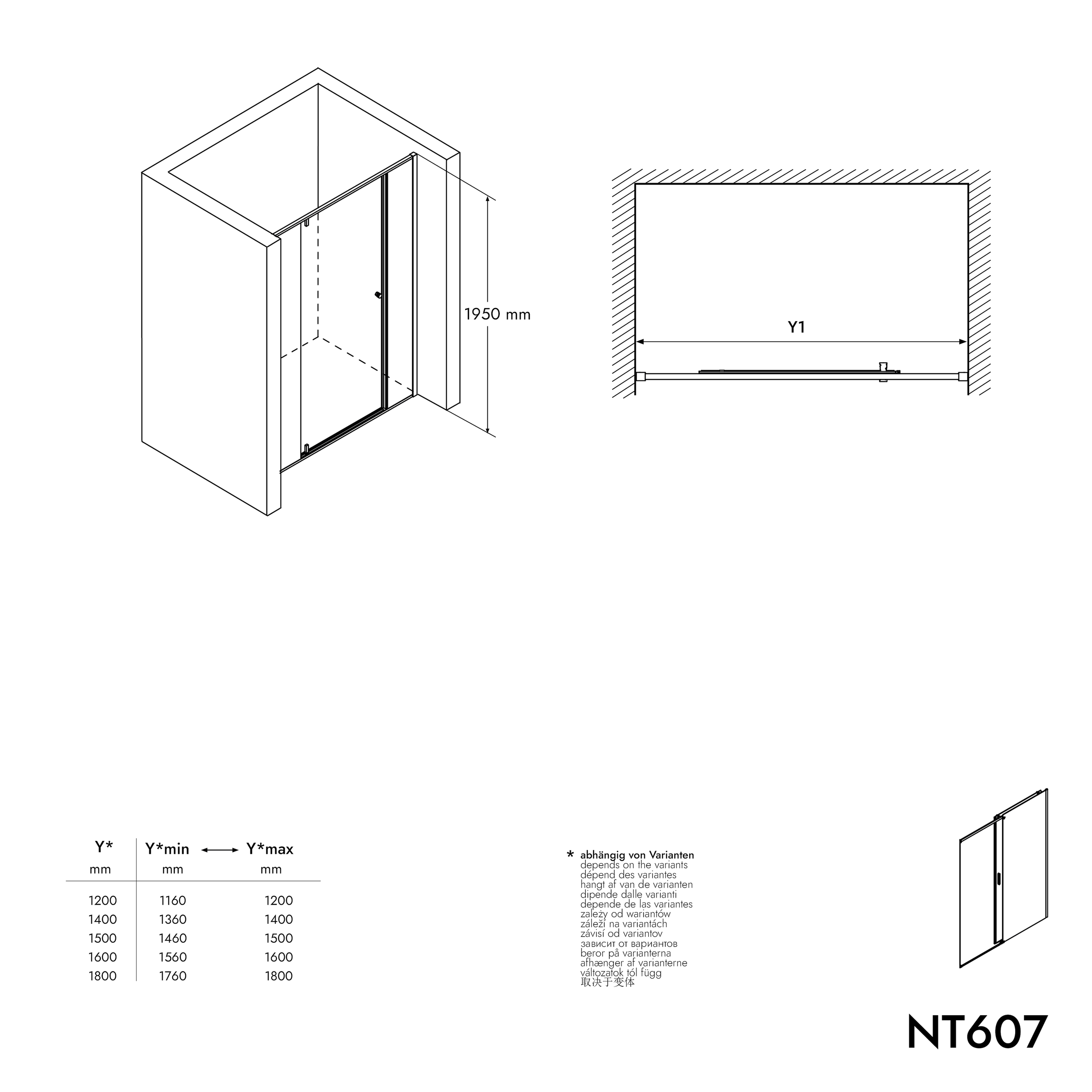 Niche shower with hinged door on two fixed panels NT607 FLEX - 6 mm nano clear glass - profile colour selectable