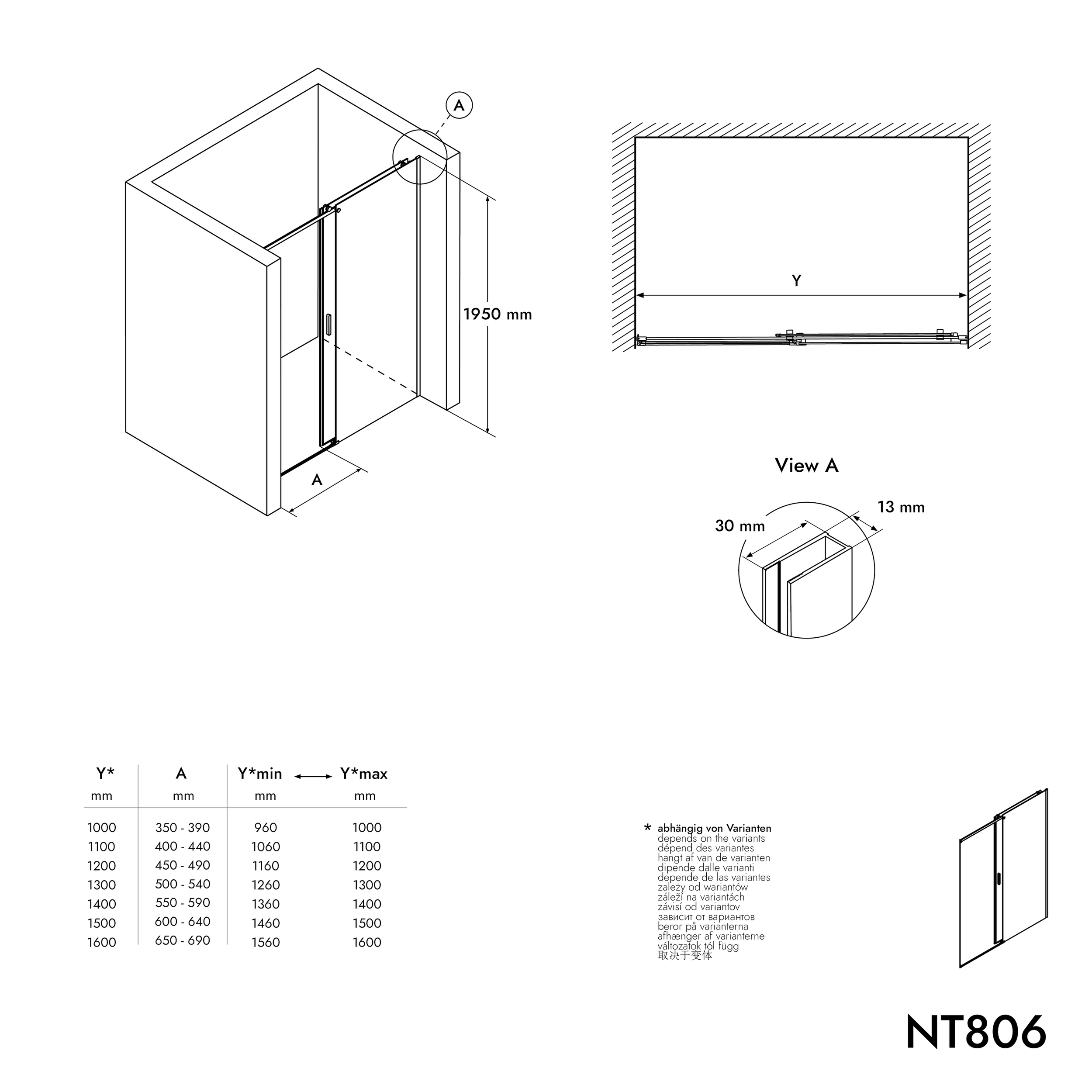 Alcove shower with sliding door NT806 FLEX Black matt