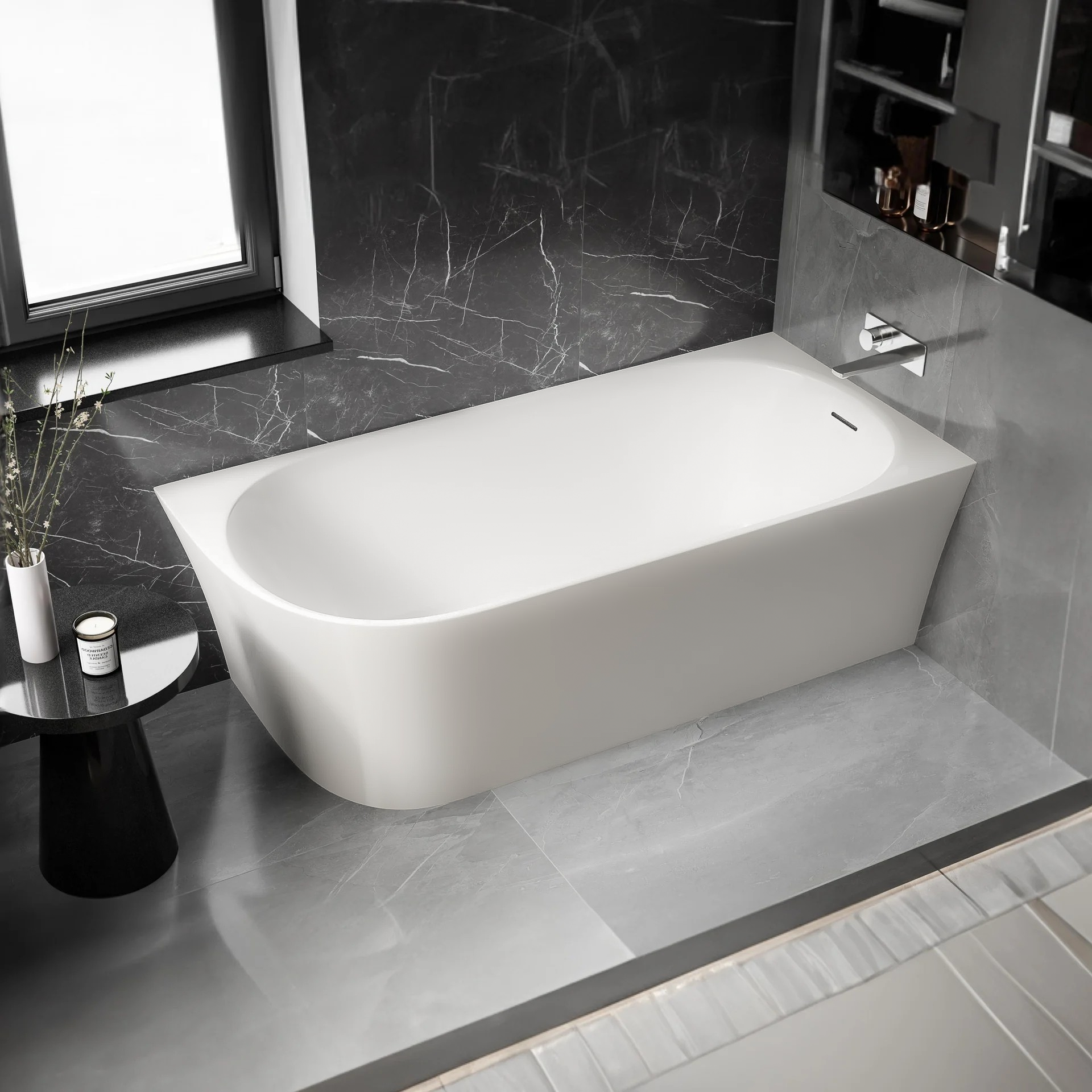 Half Freestanding Space-Saving Bathtub NORA CORNER Acrylic Matte White